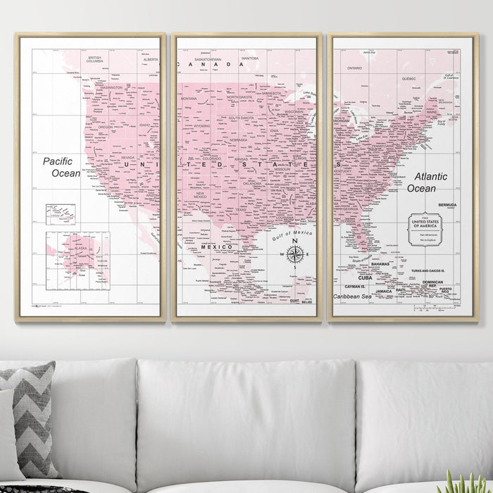 USA Travel Map Pin Board with Push Pins: Pink Color Splash