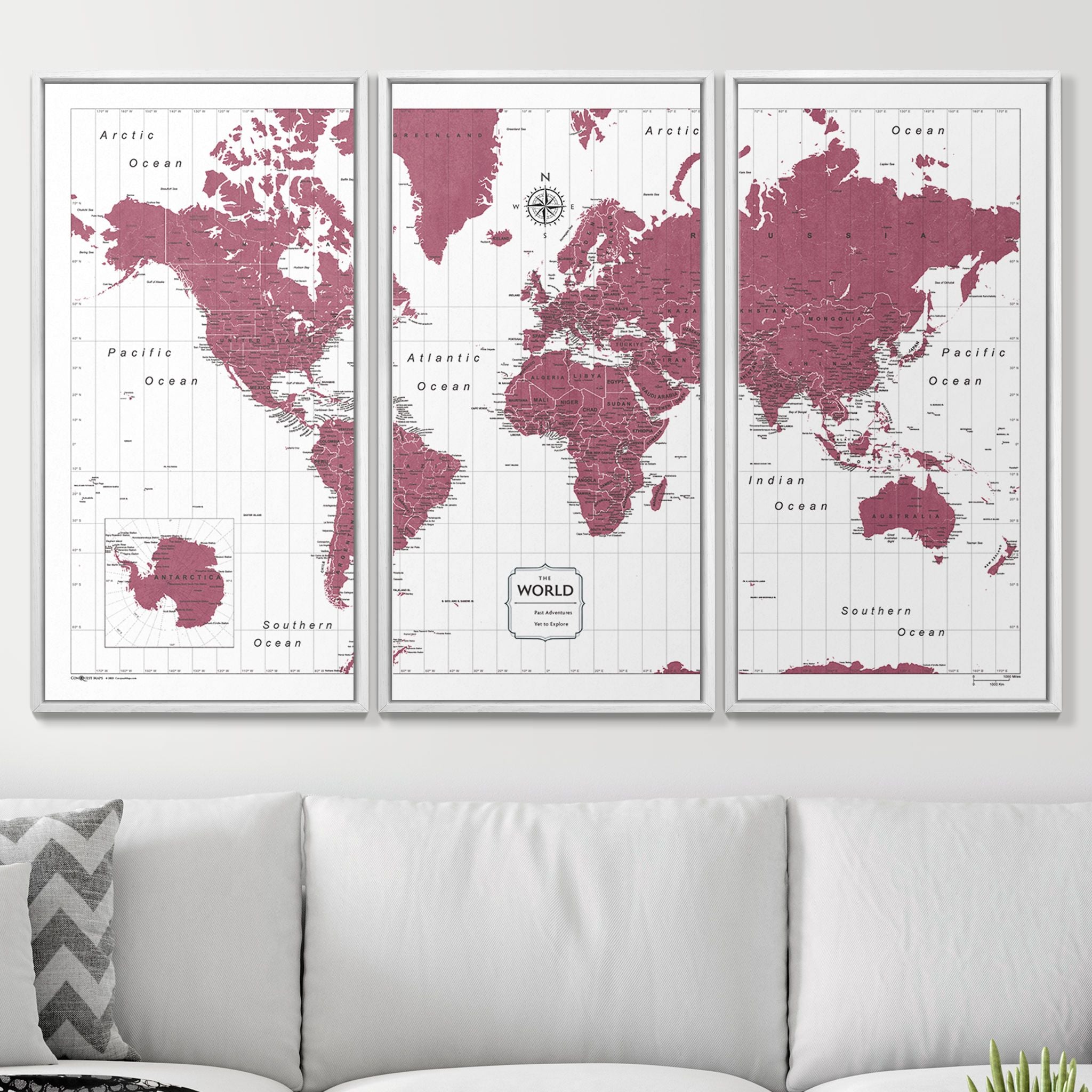 Push Pin World Map (Pin Board) - Burgundy Color Splash CM Pin Board