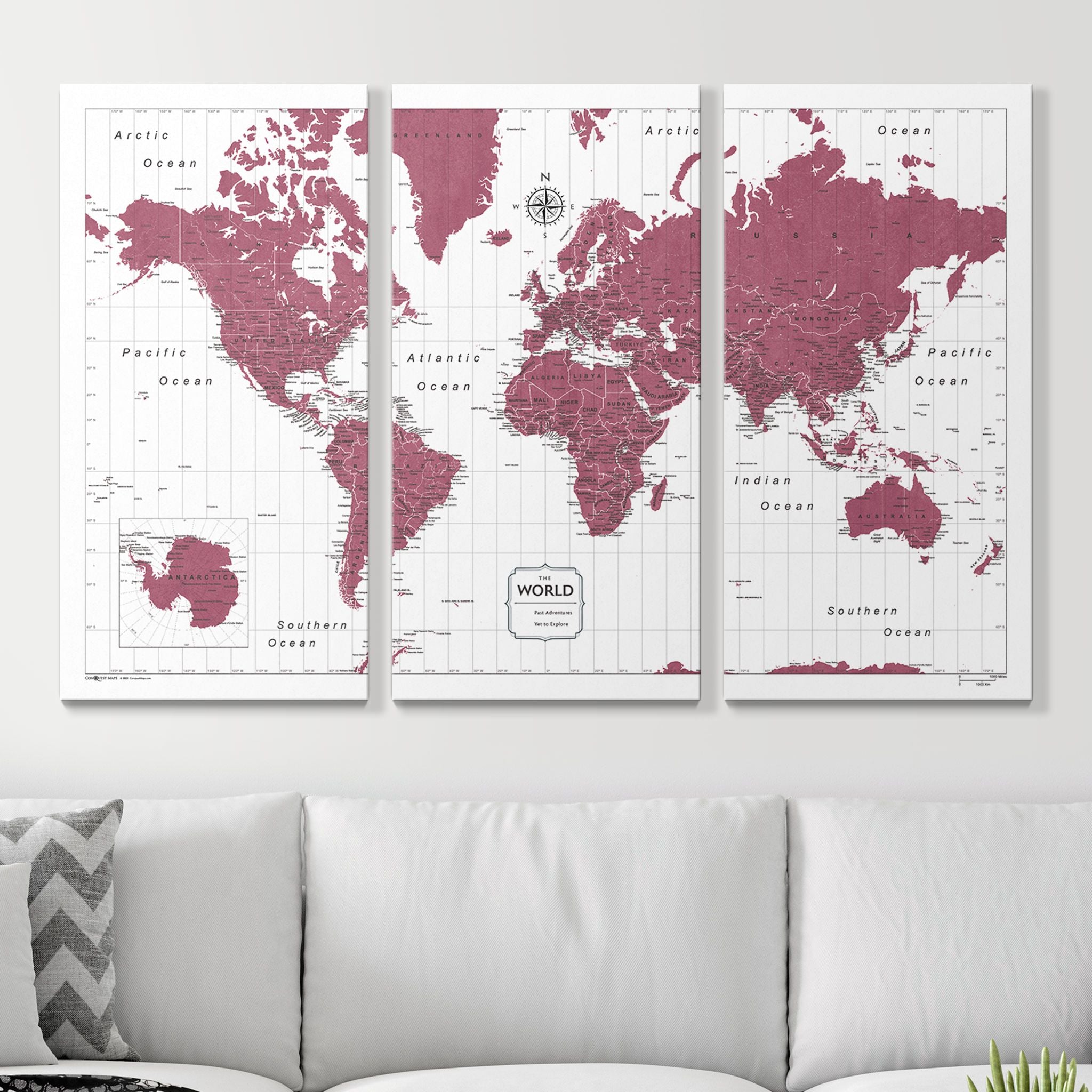 Push Pin World Map (Pin Board) - Burgundy Color Splash CM Pin Board