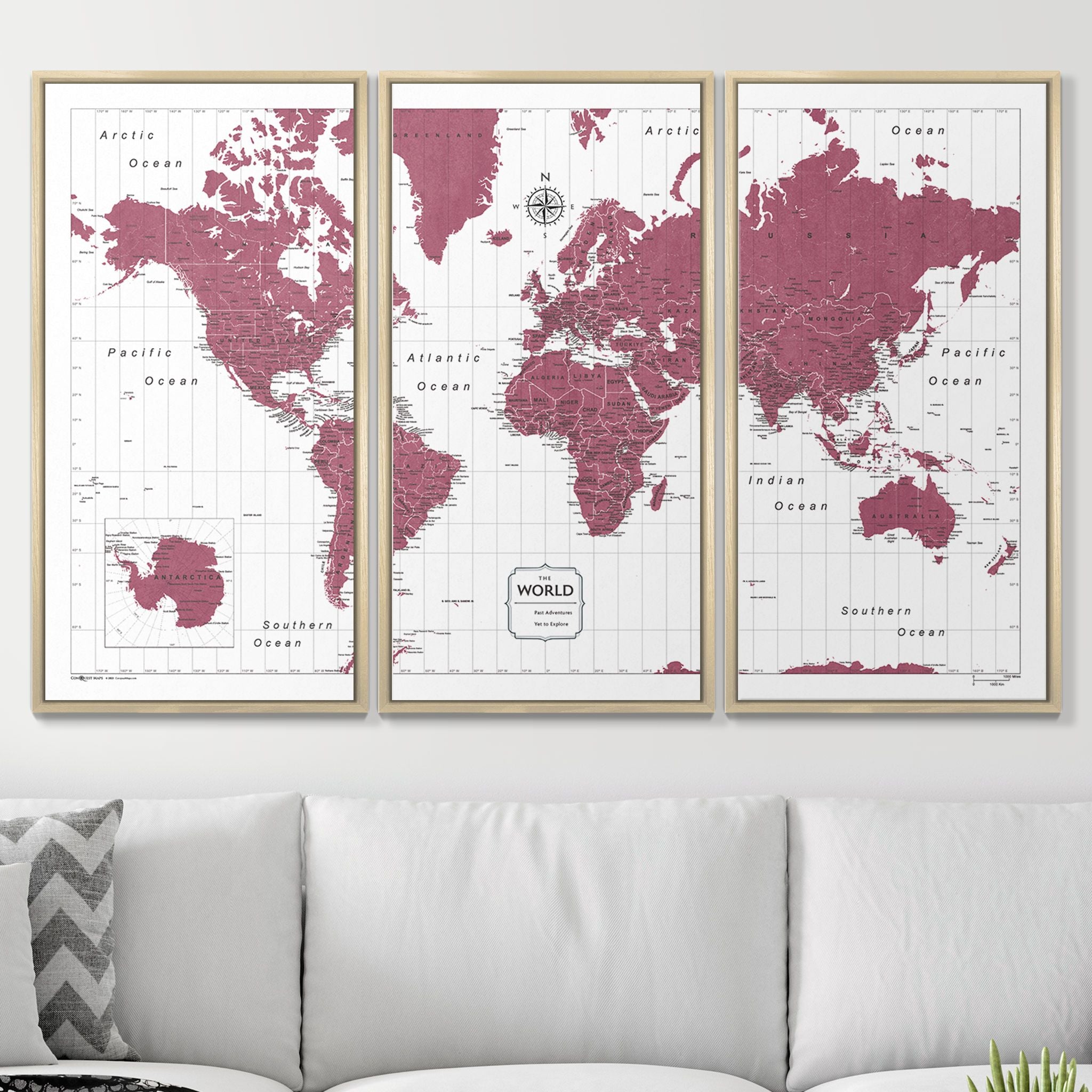 Push Pin World Map (Pin Board) - Burgundy Color Splash CM Pin Board