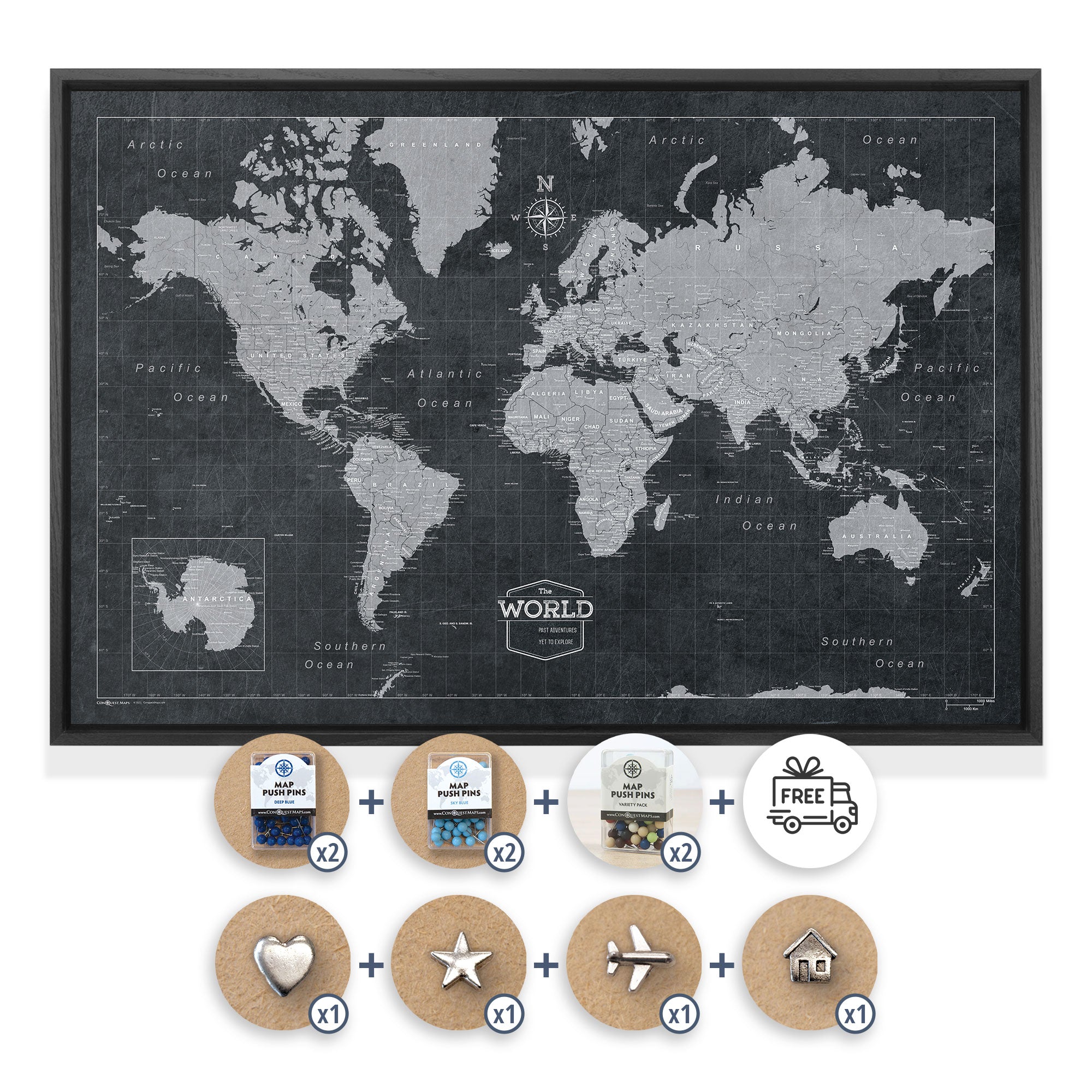 Modern Slate Push Pin World Map Bundle