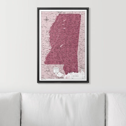 Push Pin Mississippi Map (Pin Board) - Burgundy Color Splash CM Pin Board