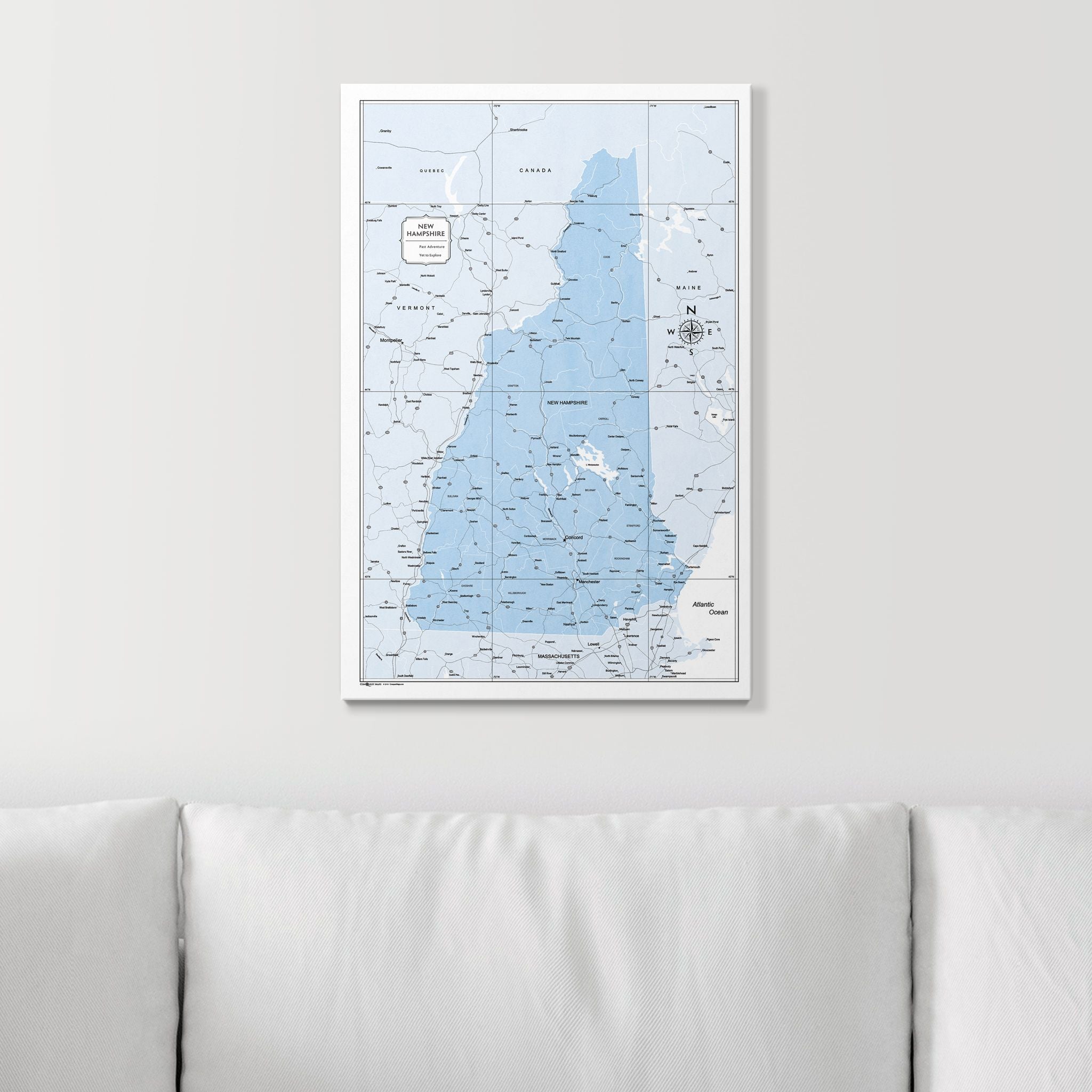 Push Pin New Hampshire Map (Pin Board) - Light Blue Color Splash CM Pin Board