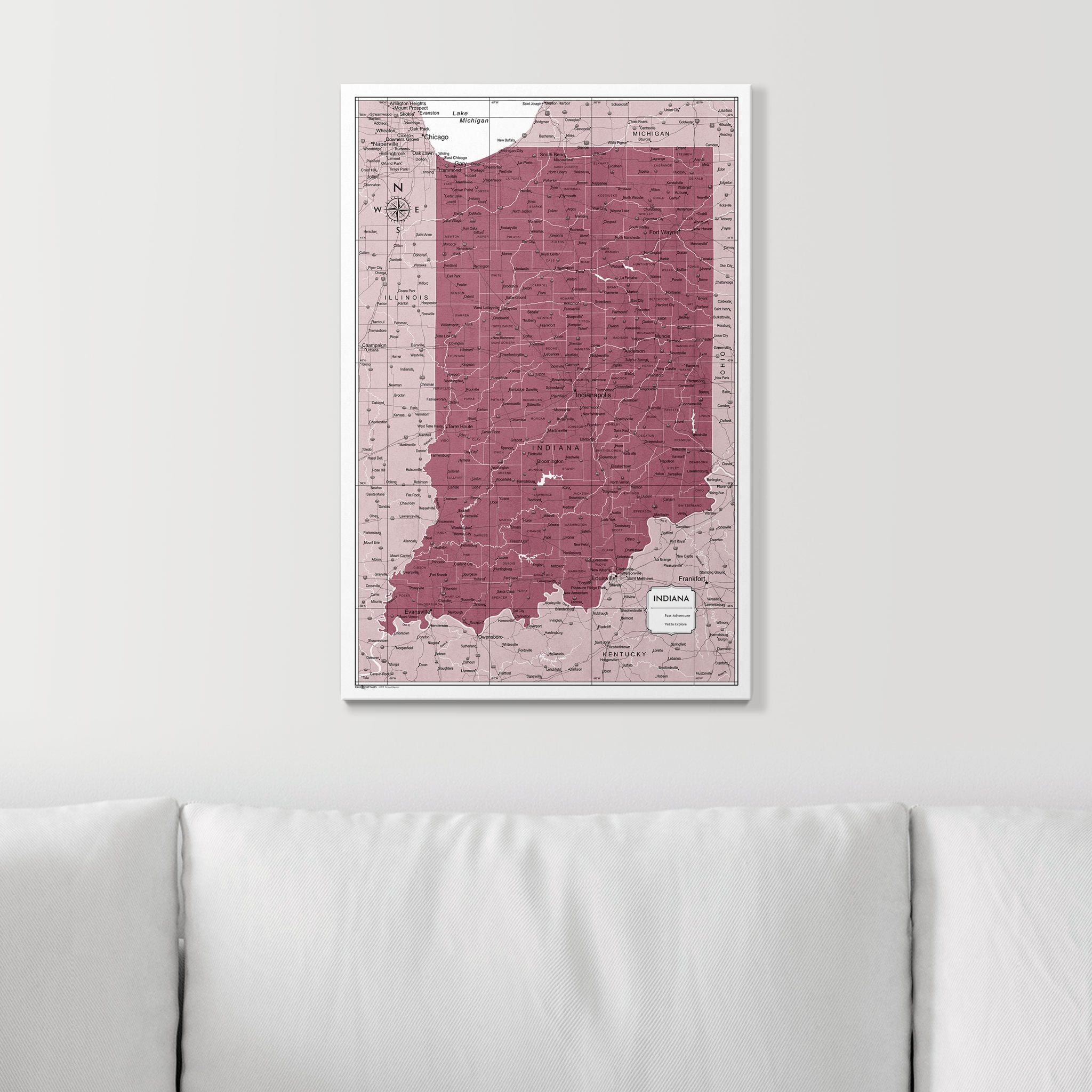 Push Pin Indiana Map (Pin Board) - Burgundy Color Splash CM Pin Board