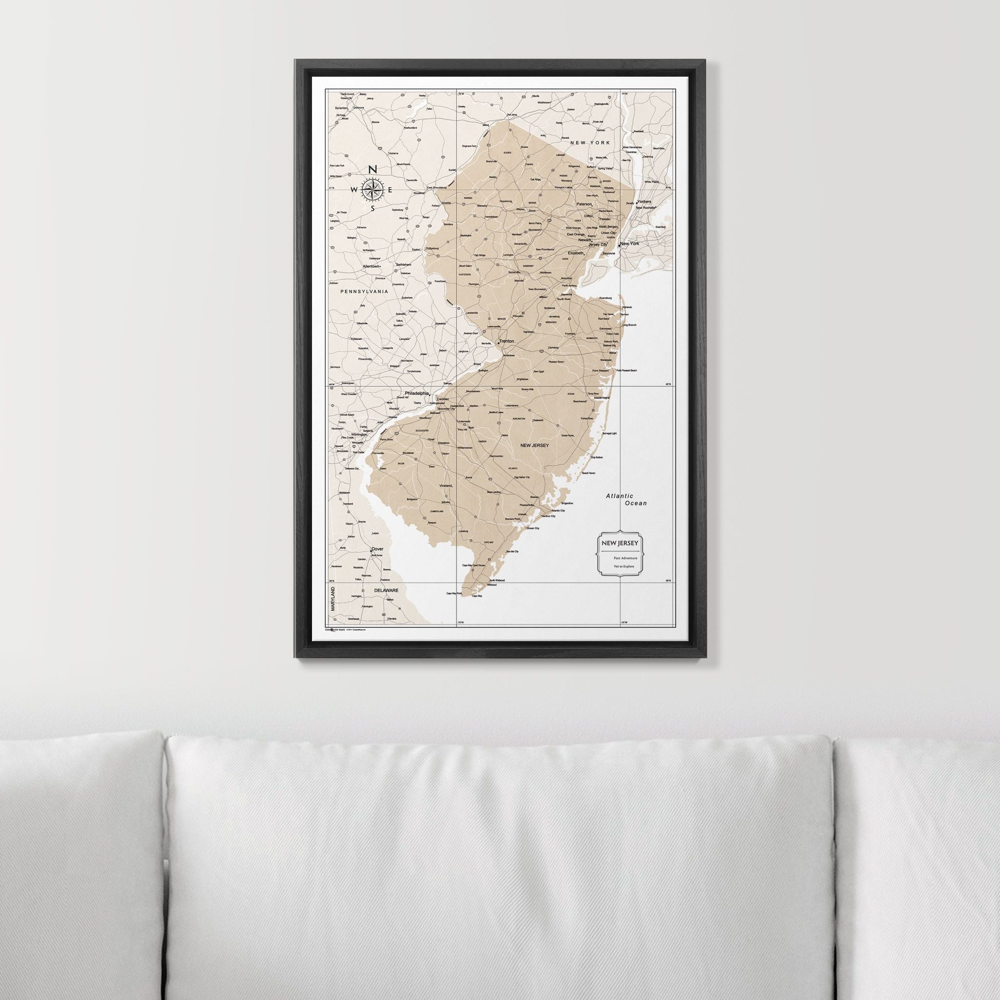 Push Pin New Jersey Map (Pin Board) - Light Brown Color Splash CM Pin Board