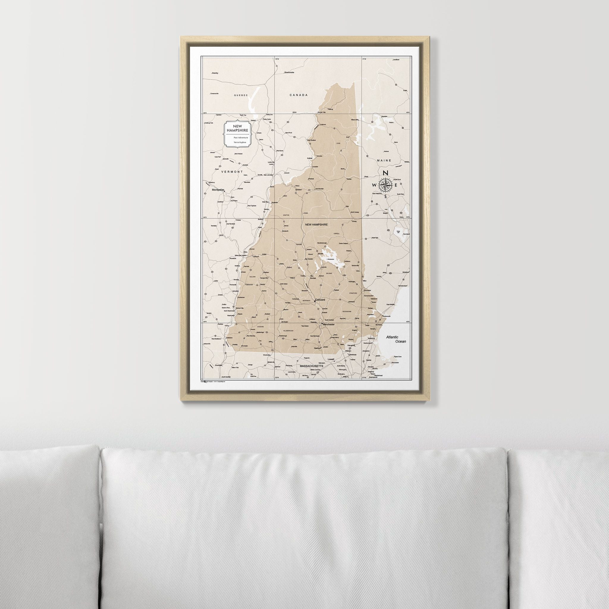 Push Pin New Hampshire Map (Pin Board) - Light Brown Color Splash CM Pin Board