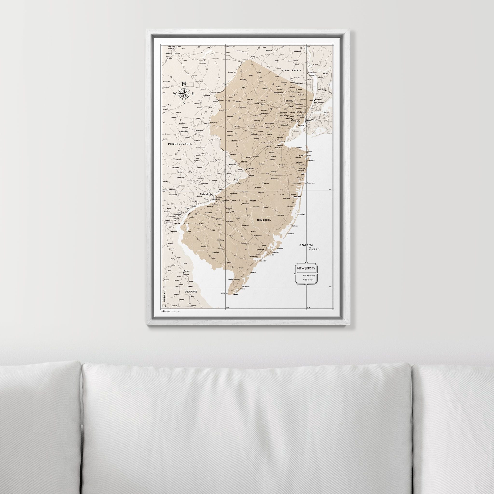 Push Pin New Jersey Map (Pin Board) - Light Brown Color Splash CM Pin Board