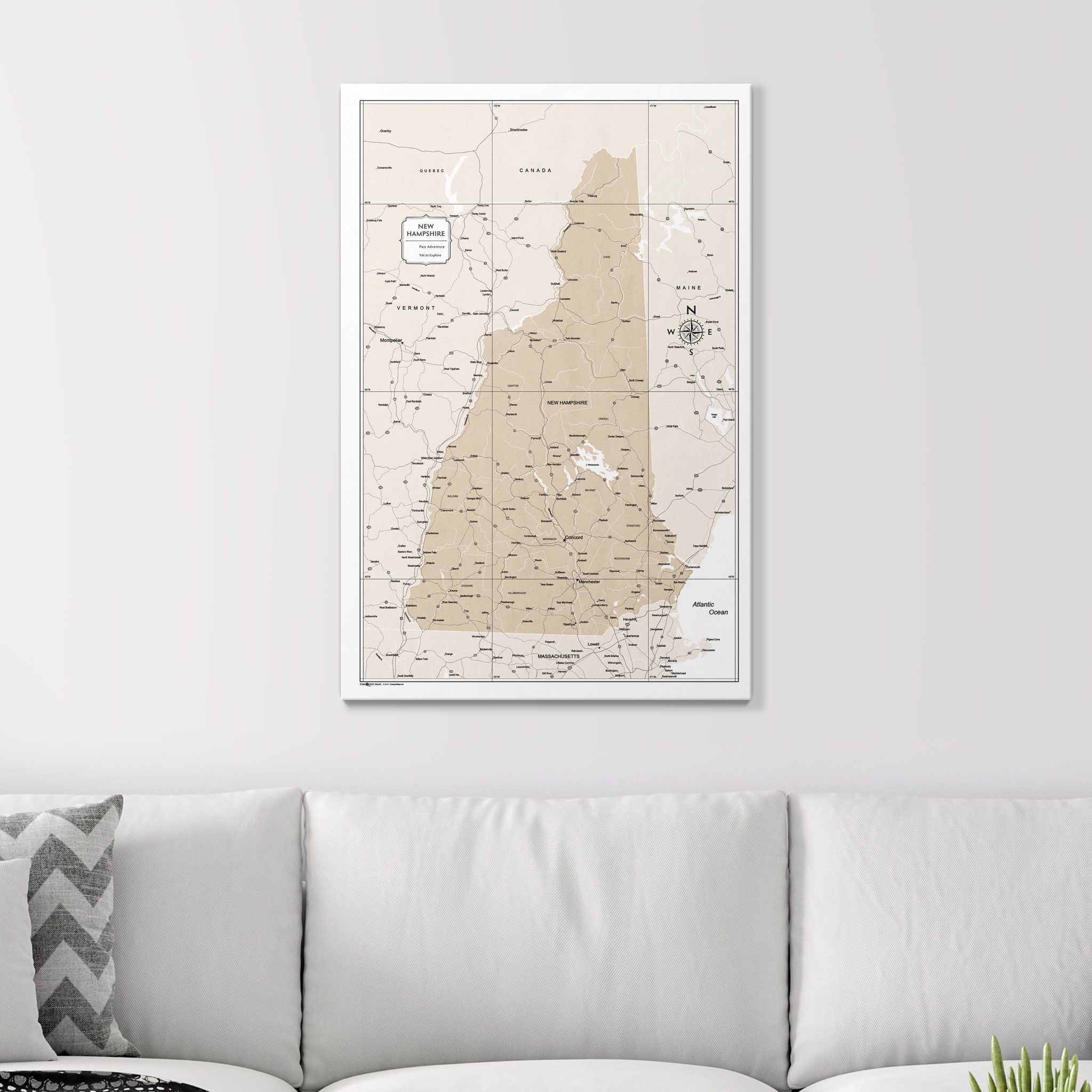 Push Pin New Hampshire Map (Pin Board) - Light Brown Color Splash CM Pin Board