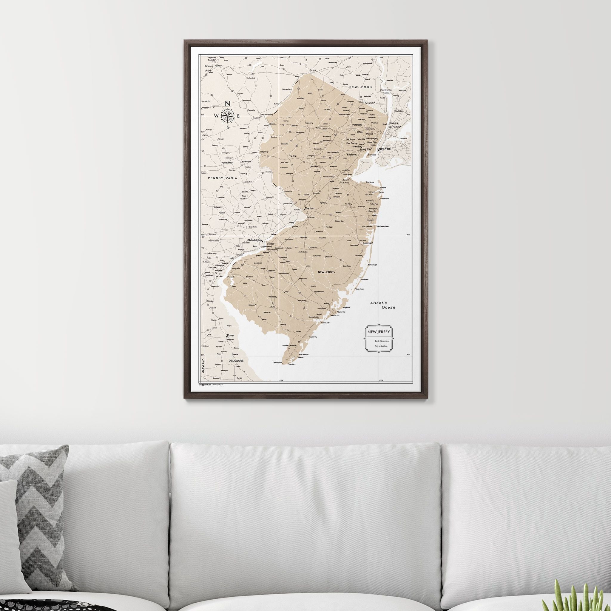 Push Pin New Jersey Map (Pin Board) - Light Brown Color Splash CM Pin Board