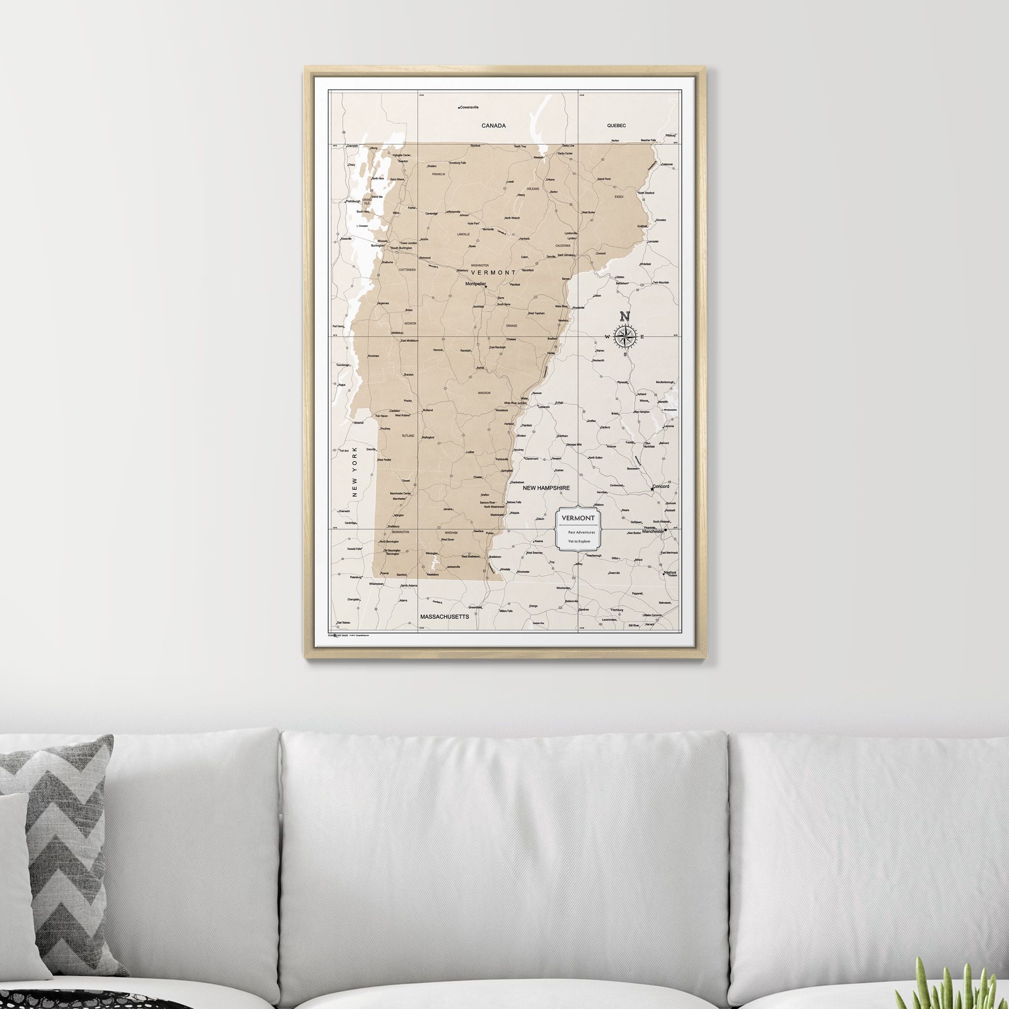 Push Pin Vermont Map (Pin Board) - Light Brown Color Splash CM Pin Board