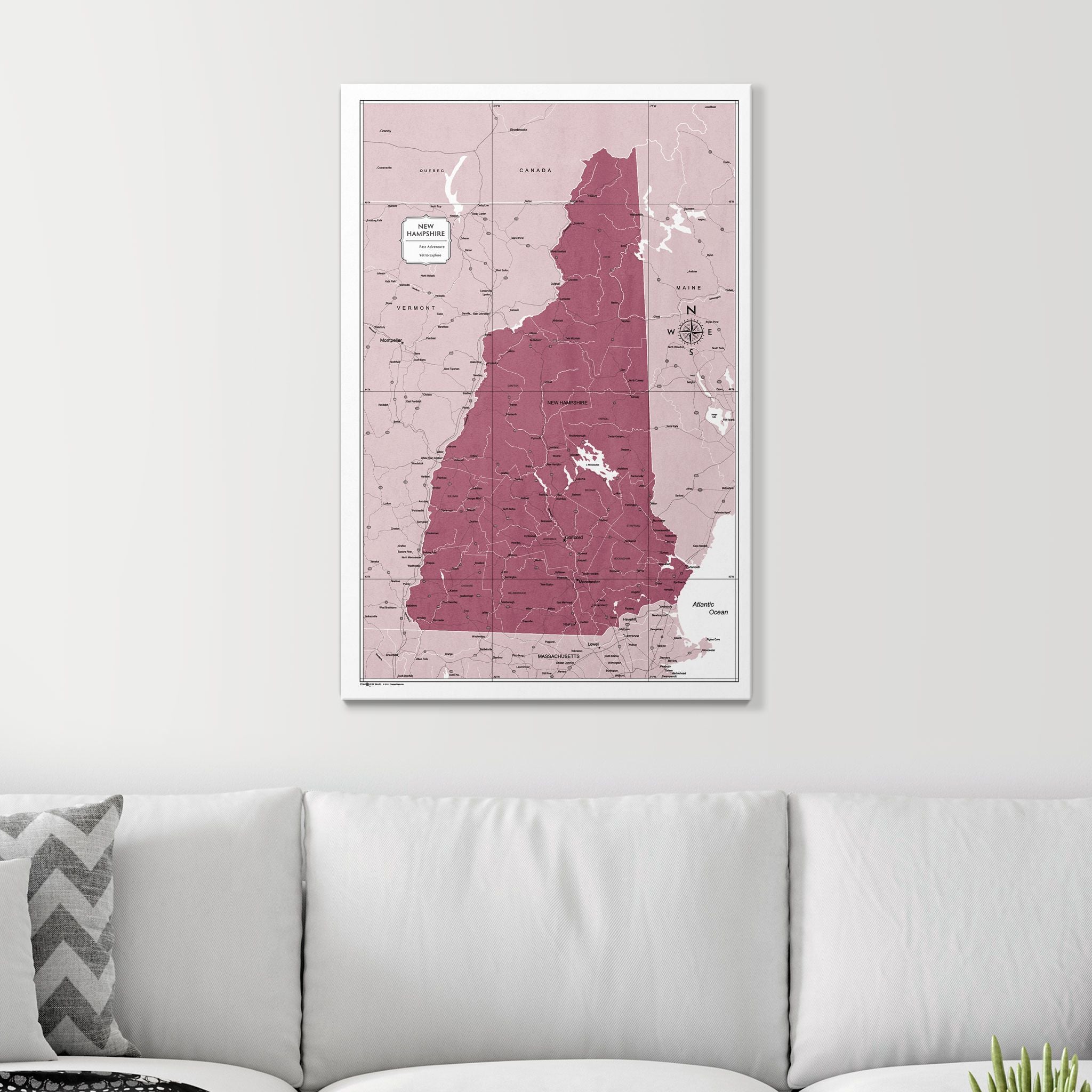 Push Pin New Hampshire Map (Pin Board) - Burgundy Color Splash CM Pin Board