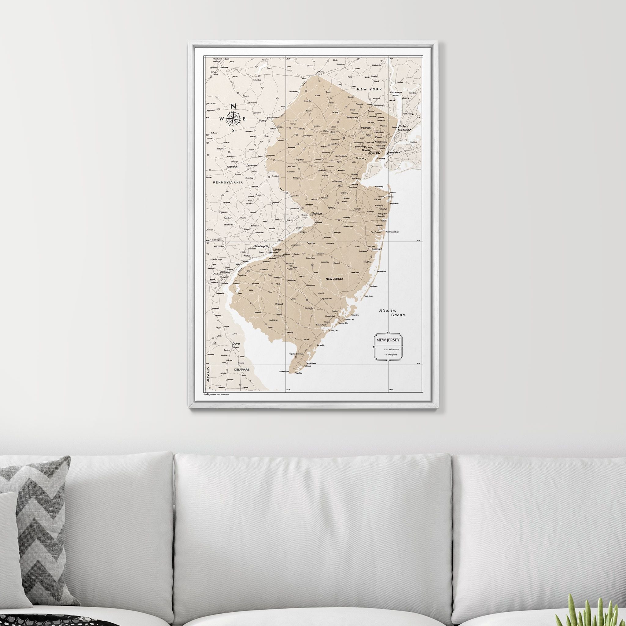 Push Pin New Jersey Map (Pin Board) - Light Brown Color Splash CM Pin Board