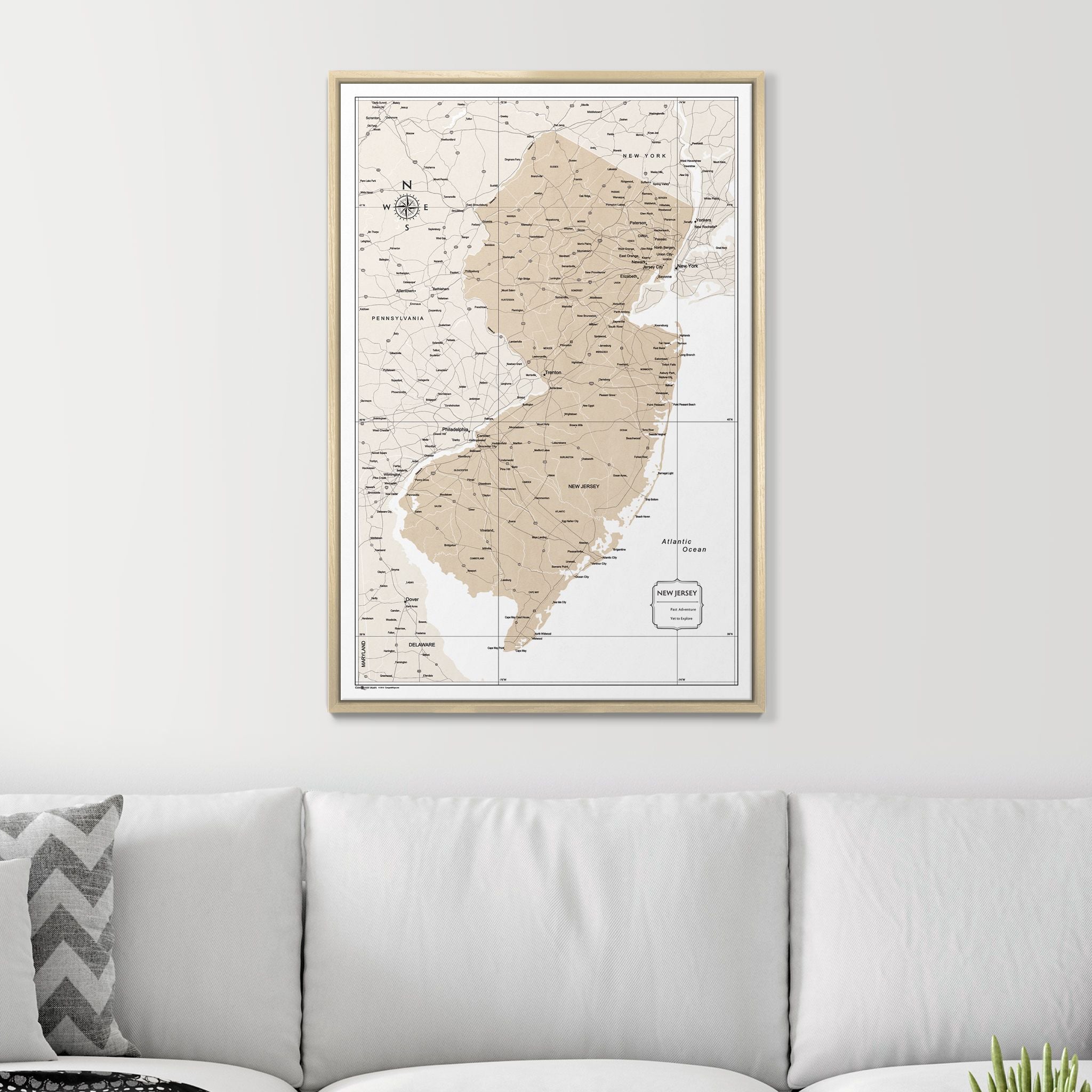 Push Pin New Jersey Map (Pin Board) - Light Brown Color Splash CM Pin Board