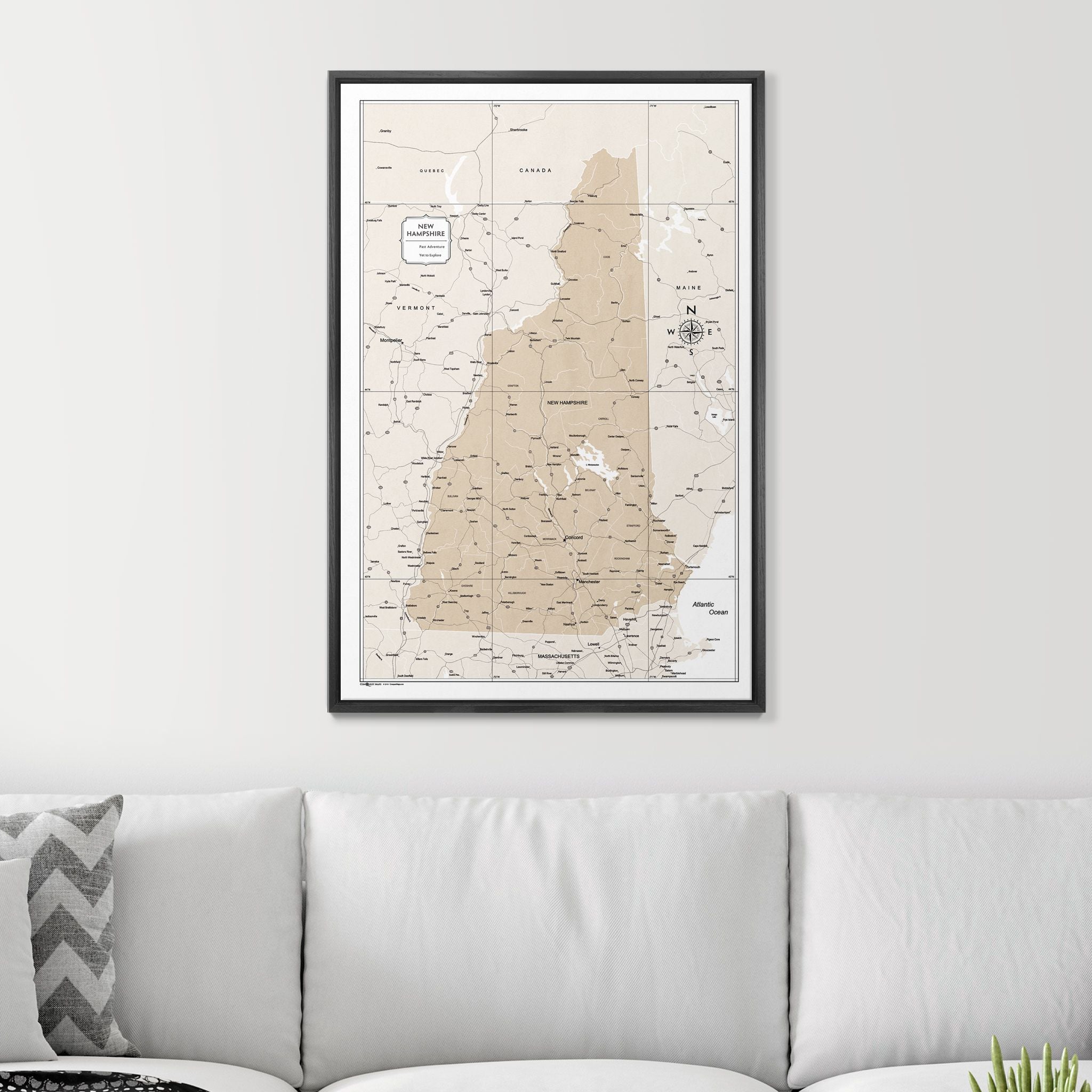 Push Pin New Hampshire Map (Pin Board) - Light Brown Color Splash CM Pin Board