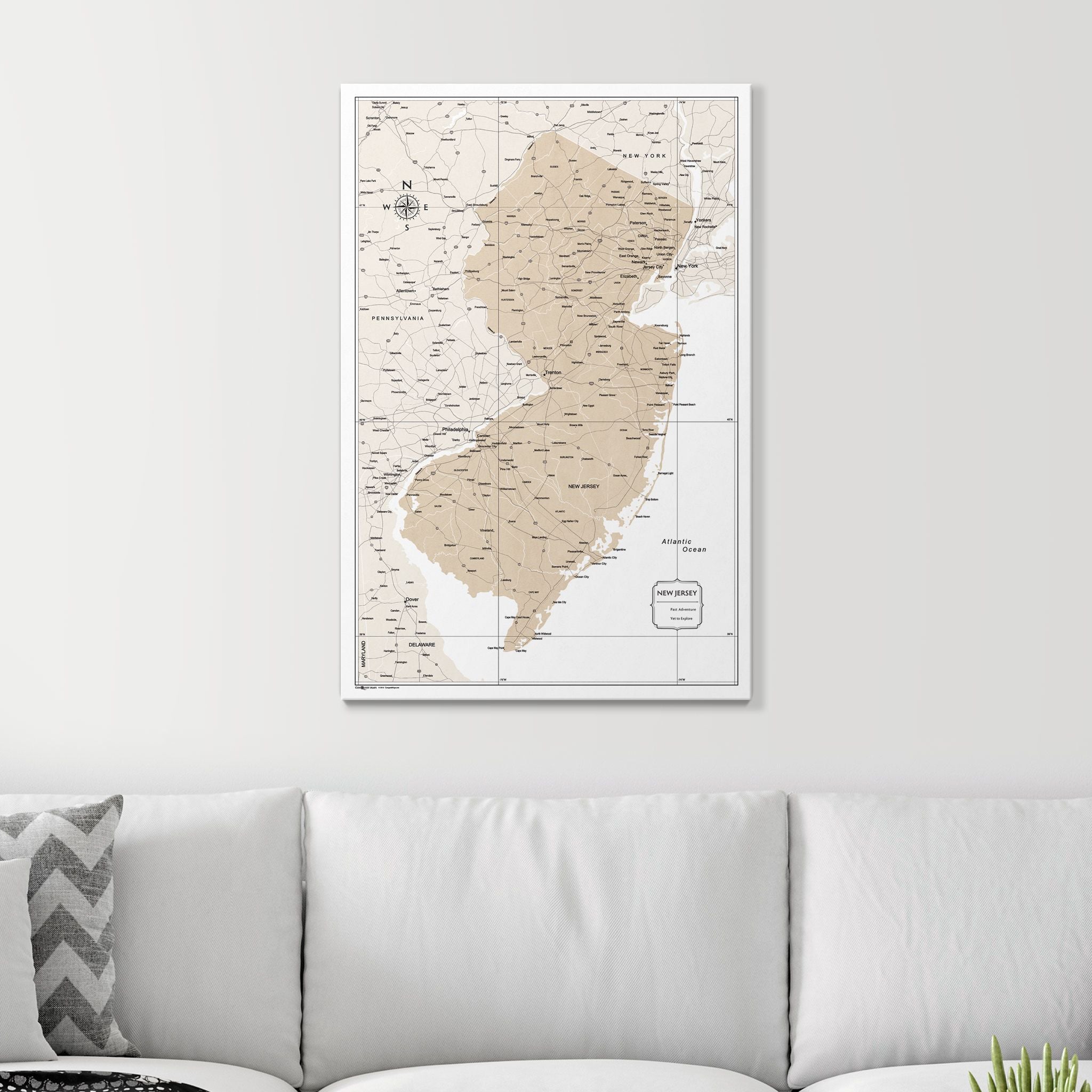 Push Pin New Jersey Map (Pin Board) - Light Brown Color Splash CM Pin Board