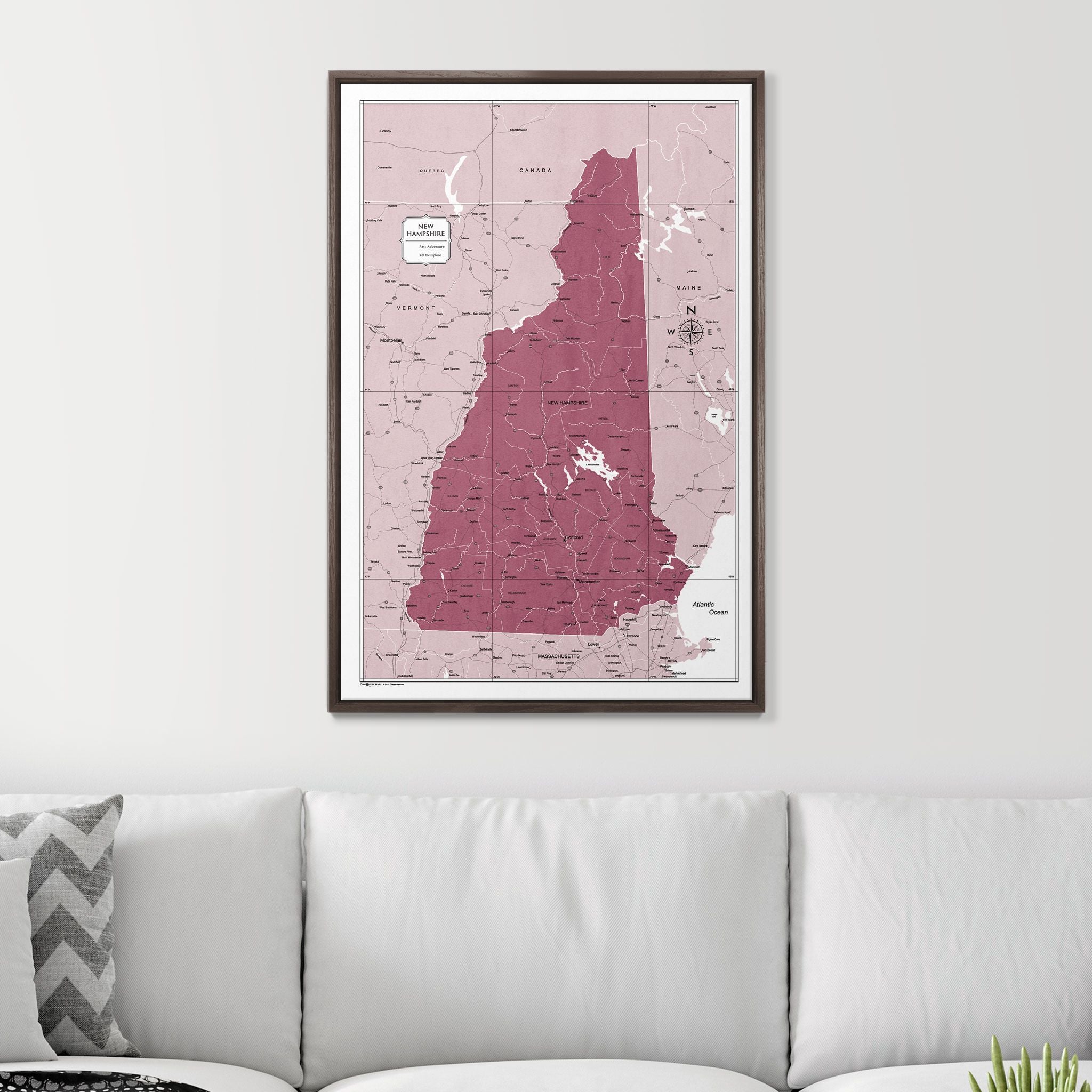 Push Pin New Hampshire Map (Pin Board) - Burgundy Color Splash CM Pin Board