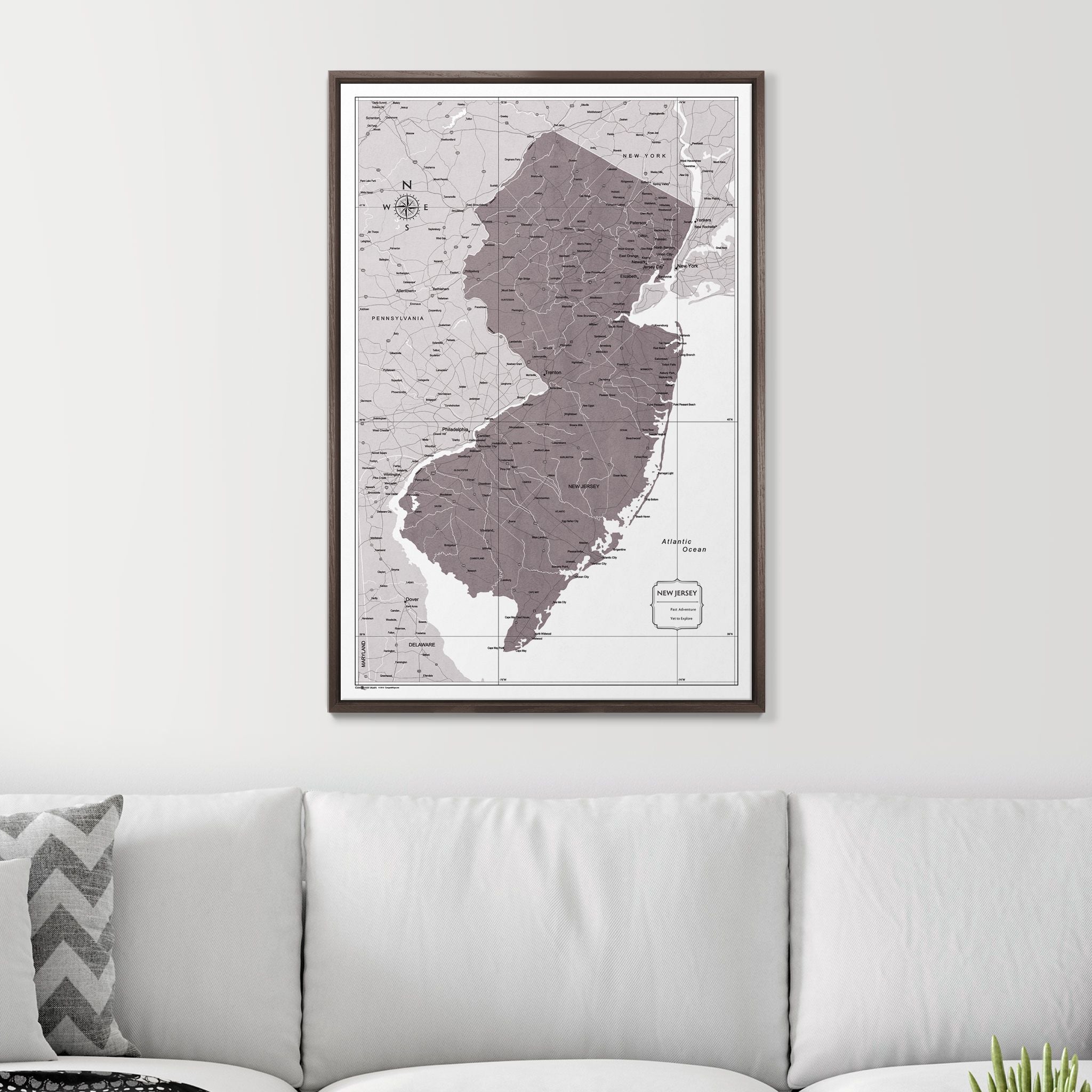 Push Pin New Jersey Map (Pin Board) - Dark Brown Color Splash CM Pin Board