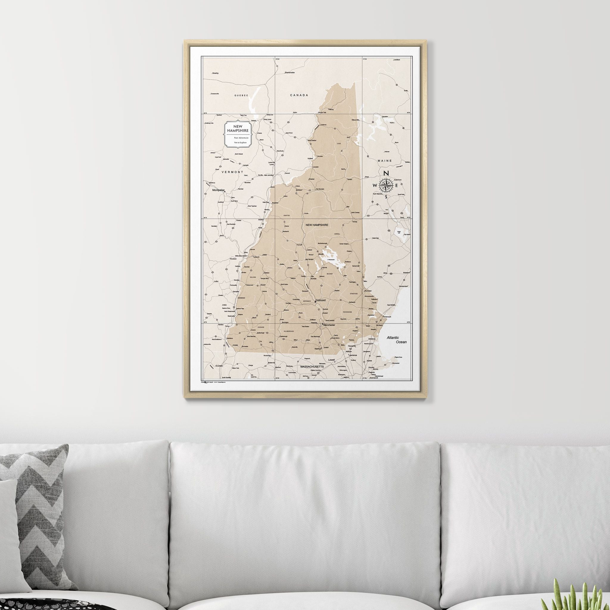 Push Pin New Hampshire Map (Pin Board) - Light Brown Color Splash CM Pin Board