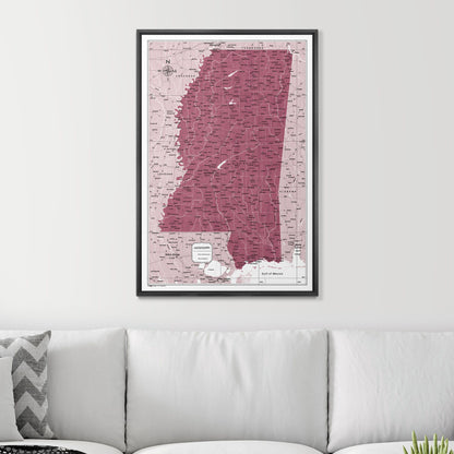 Push Pin Mississippi Map (Pin Board) - Burgundy Color Splash CM Pin Board