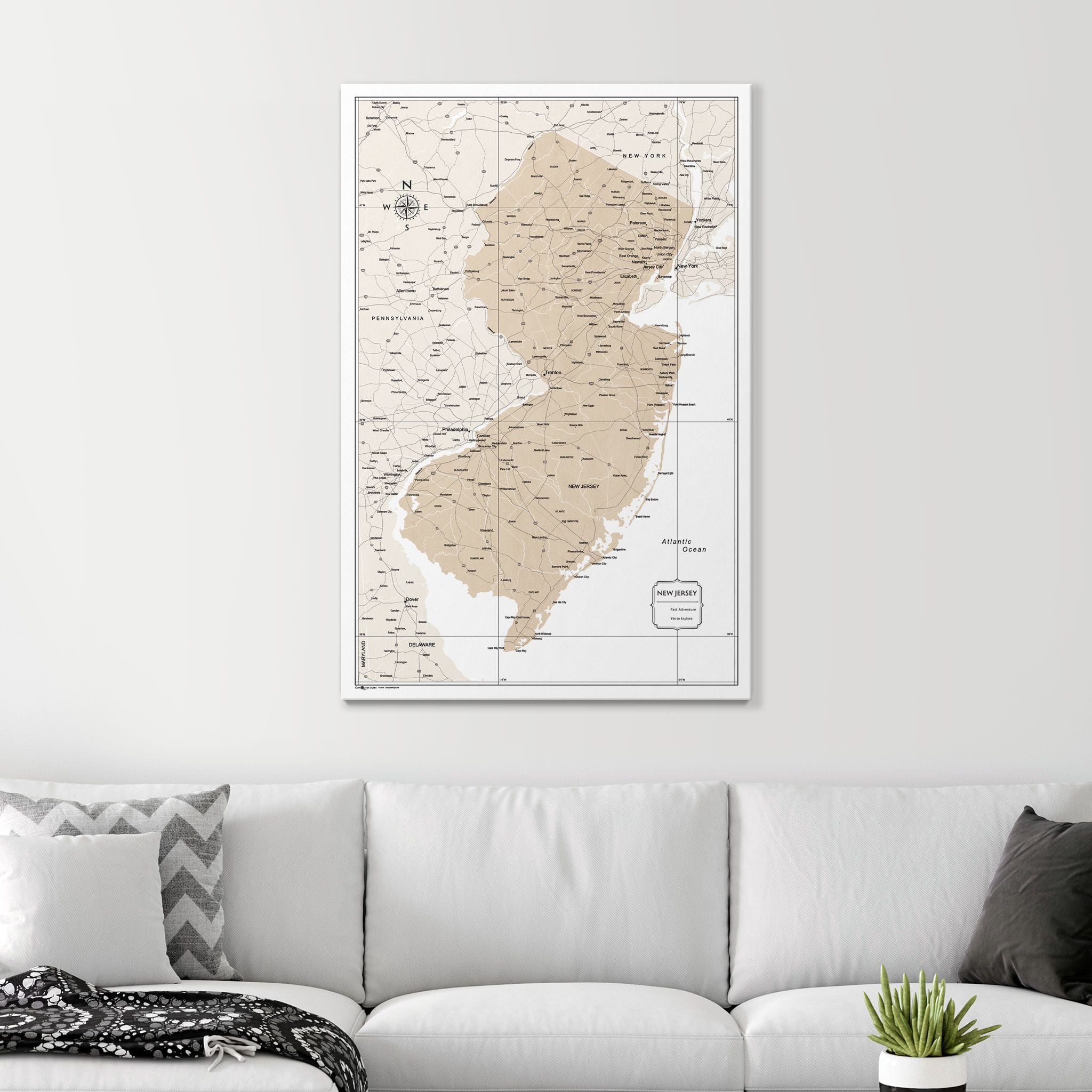 Push Pin New Jersey Map (Pin Board) - Light Brown Color Splash CM Pin Board