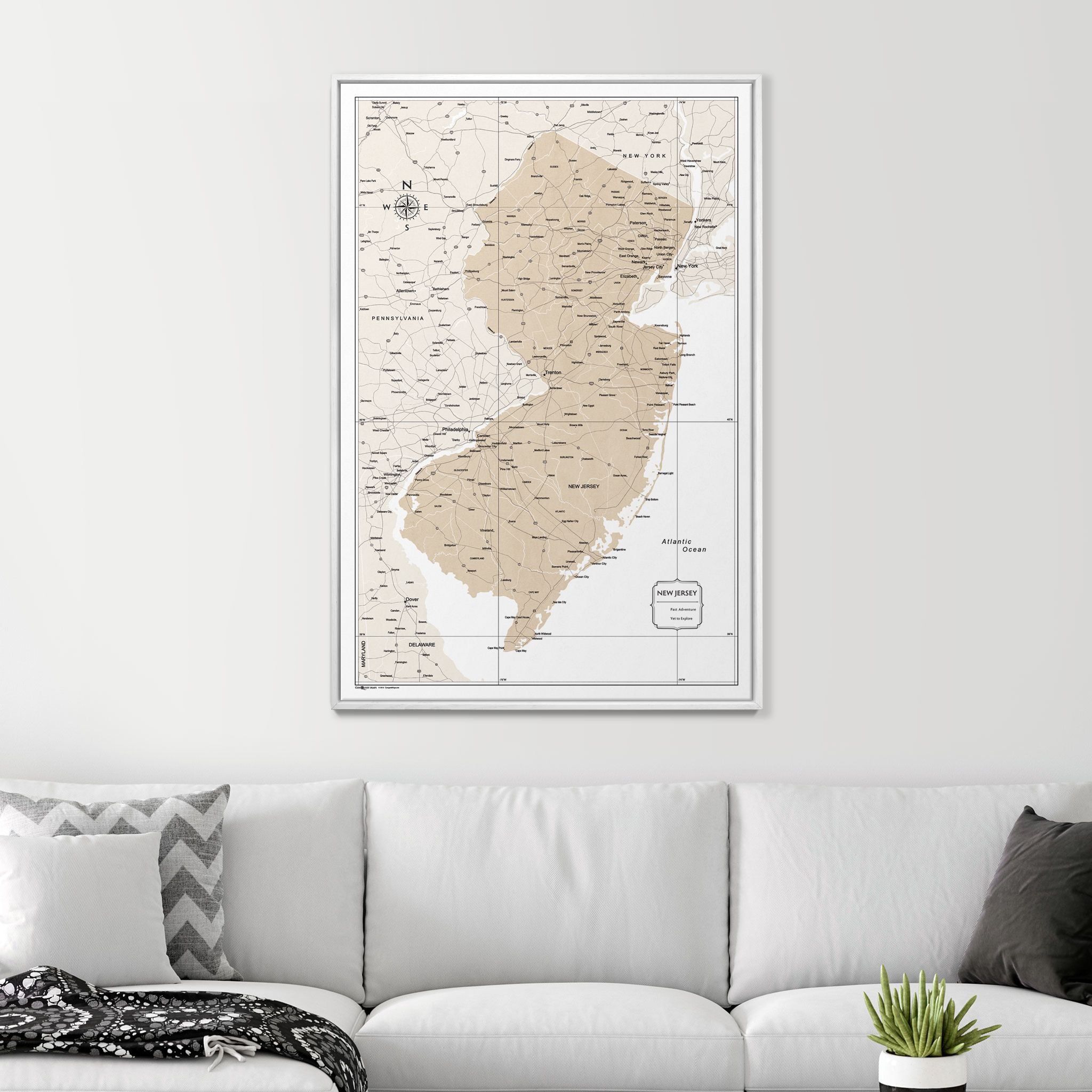 Push Pin New Jersey Map (Pin Board) - Light Brown Color Splash CM Pin Board