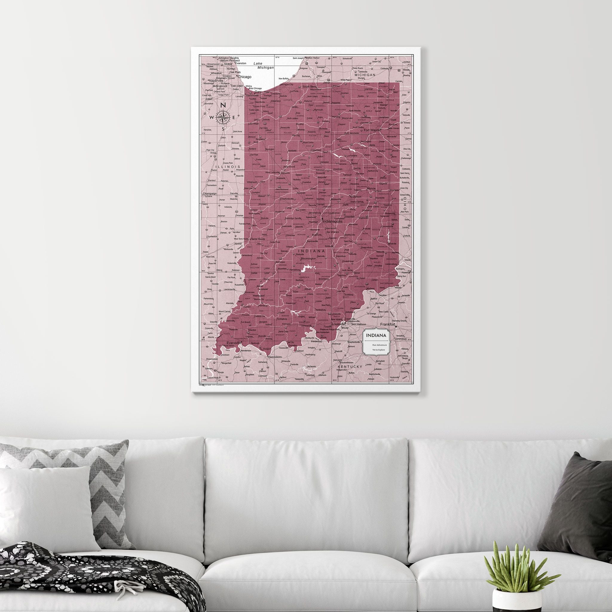 Push Pin Indiana Map (Pin Board) - Burgundy Color Splash CM Pin Board