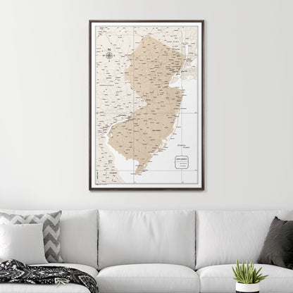 Push Pin New Jersey Map (Pin Board) - Light Brown Color Splash CM Pin Board