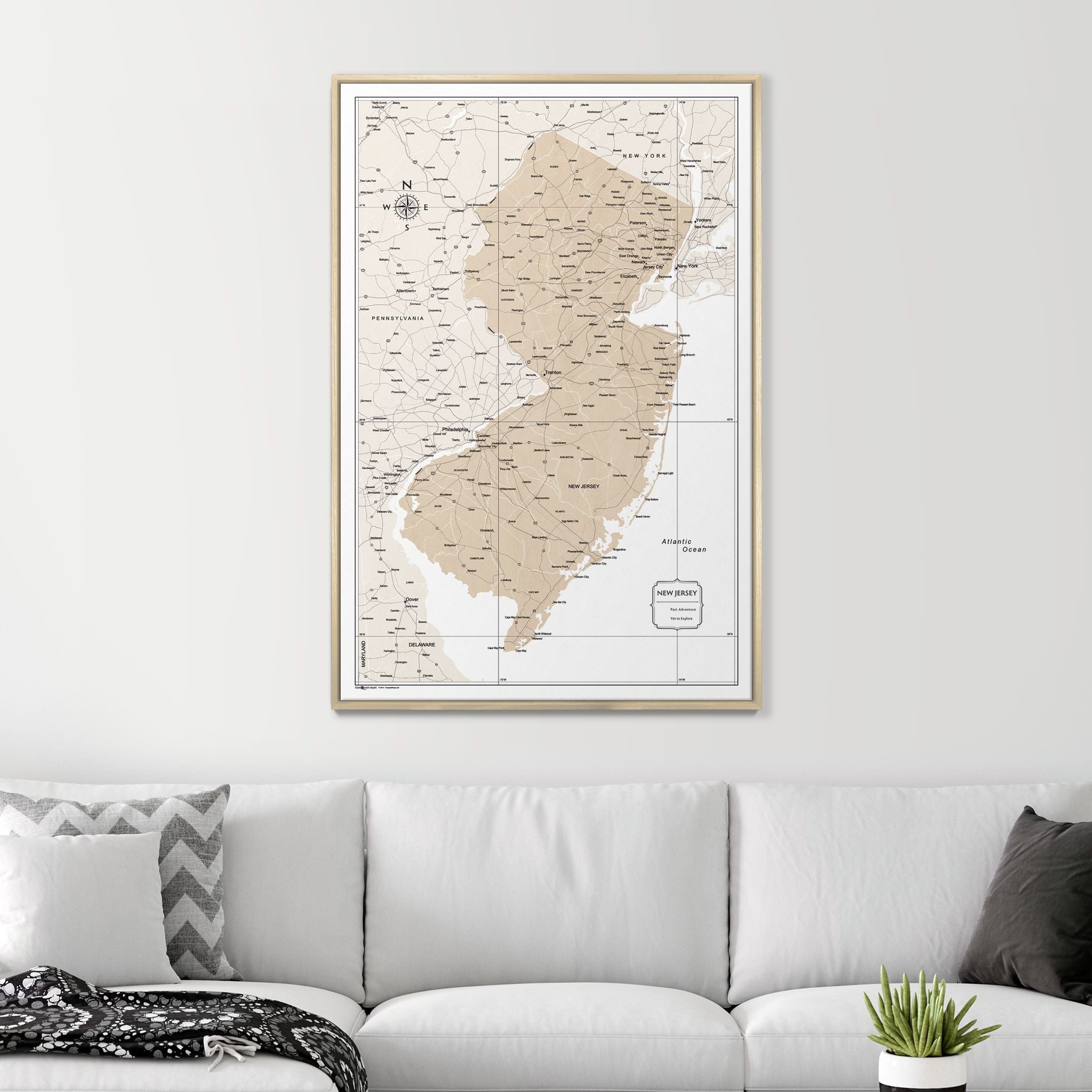 Push Pin New Jersey Map (Pin Board) - Light Brown Color Splash CM Pin Board