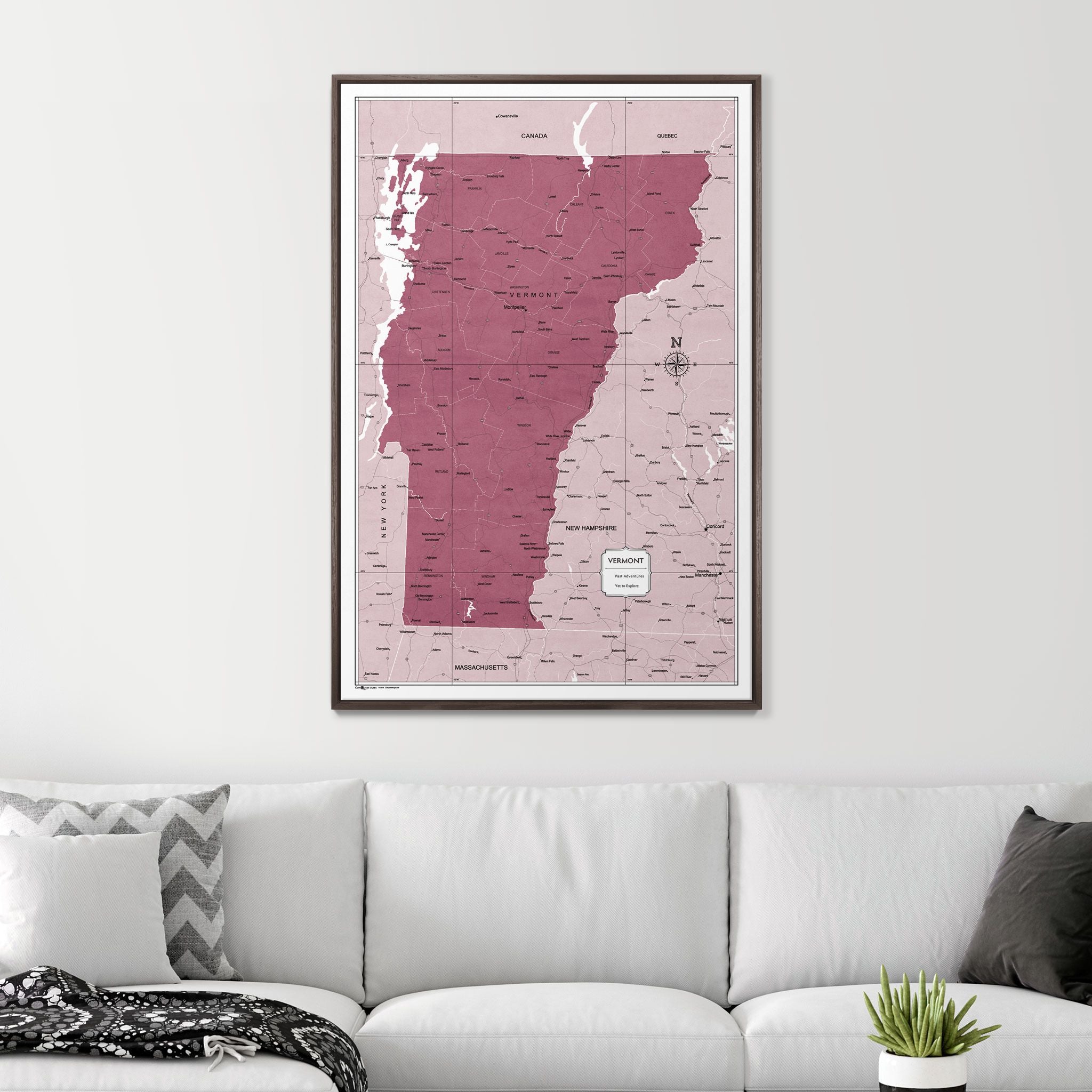 Push Pin Vermont Map (Pin Board) - Burgundy Color Splash CM Pin Board