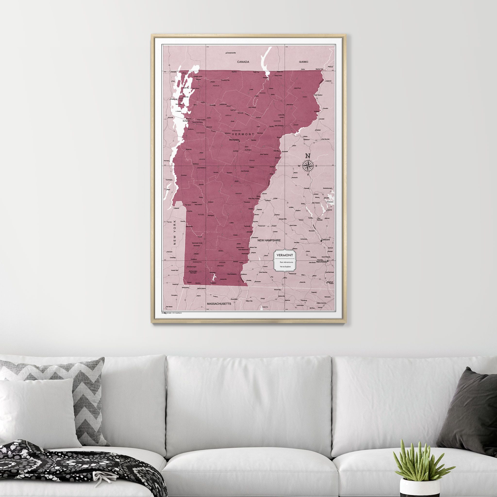 Push Pin Vermont Map (Pin Board) - Burgundy Color Splash CM Pin Board