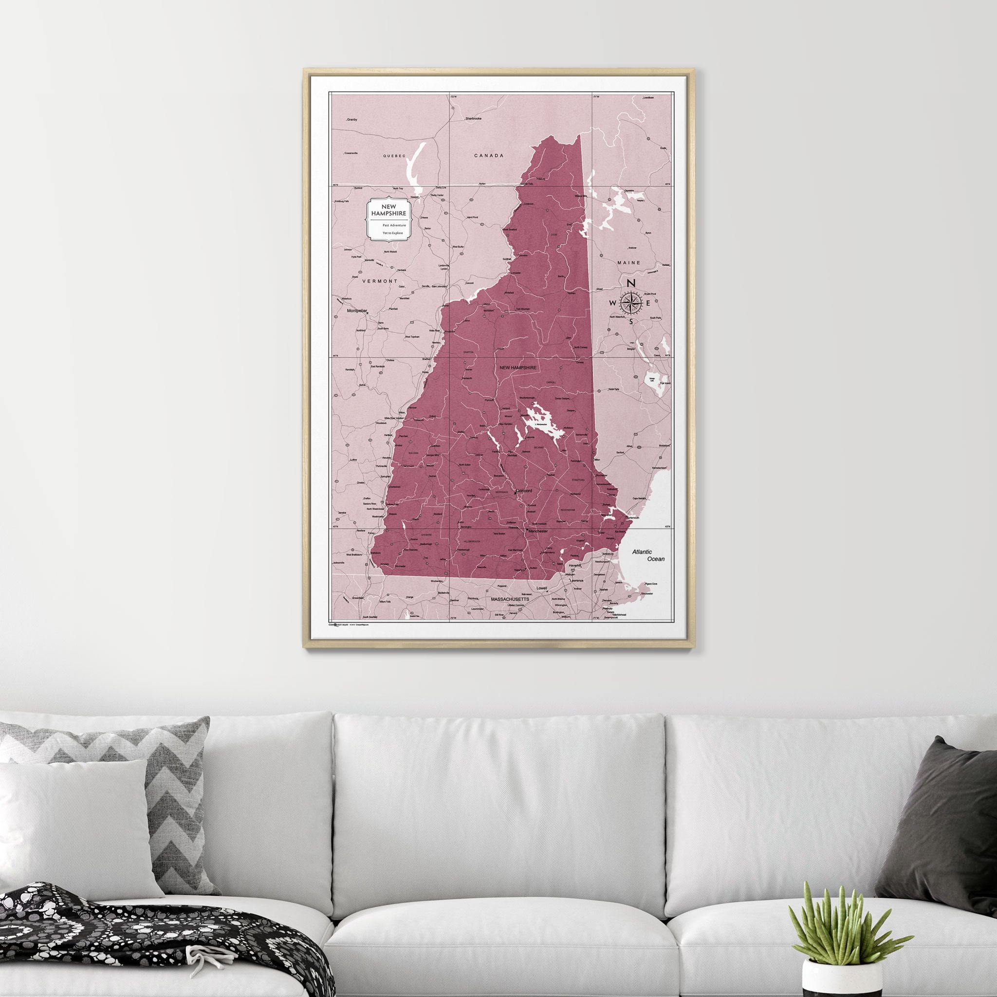 Push Pin New Hampshire Map (Pin Board) - Burgundy Color Splash CM Pin Board