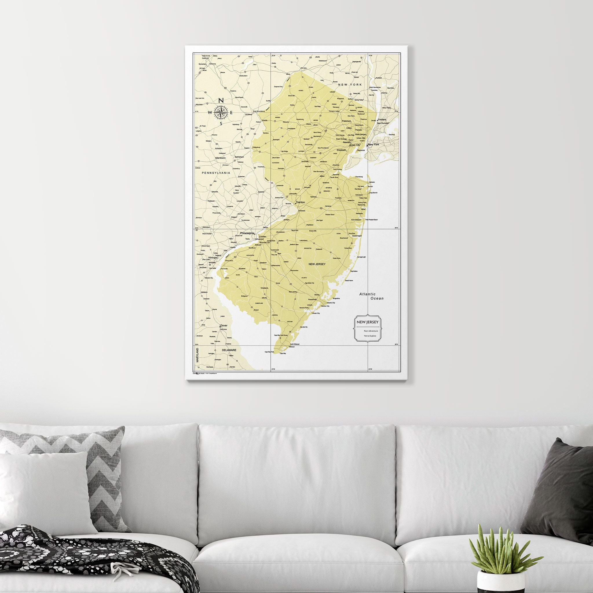 Push Pin New Jersey Map (Pin Board) - Yellow Color Splash CM Pin Board