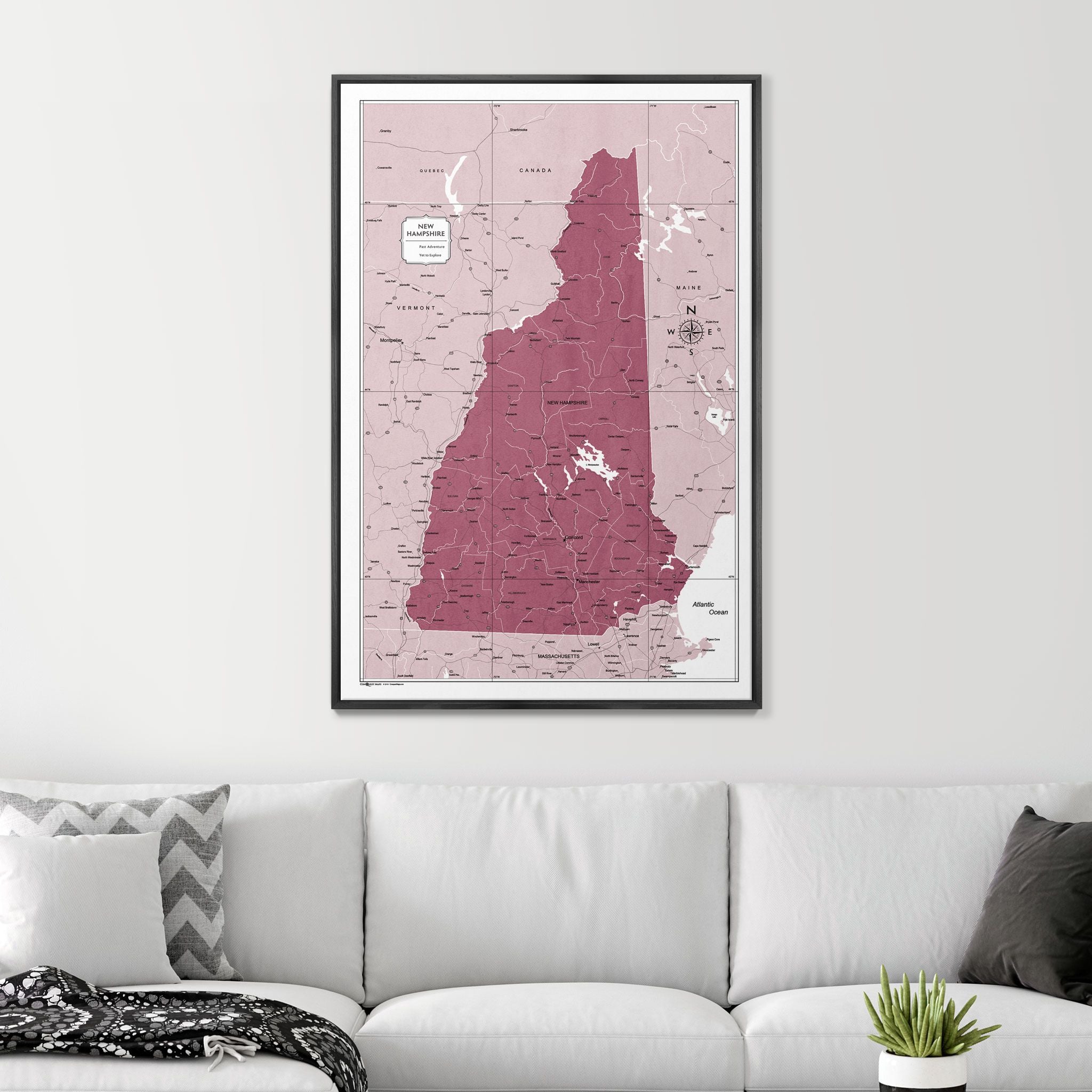 Push Pin New Hampshire Map (Pin Board) - Burgundy Color Splash CM Pin Board