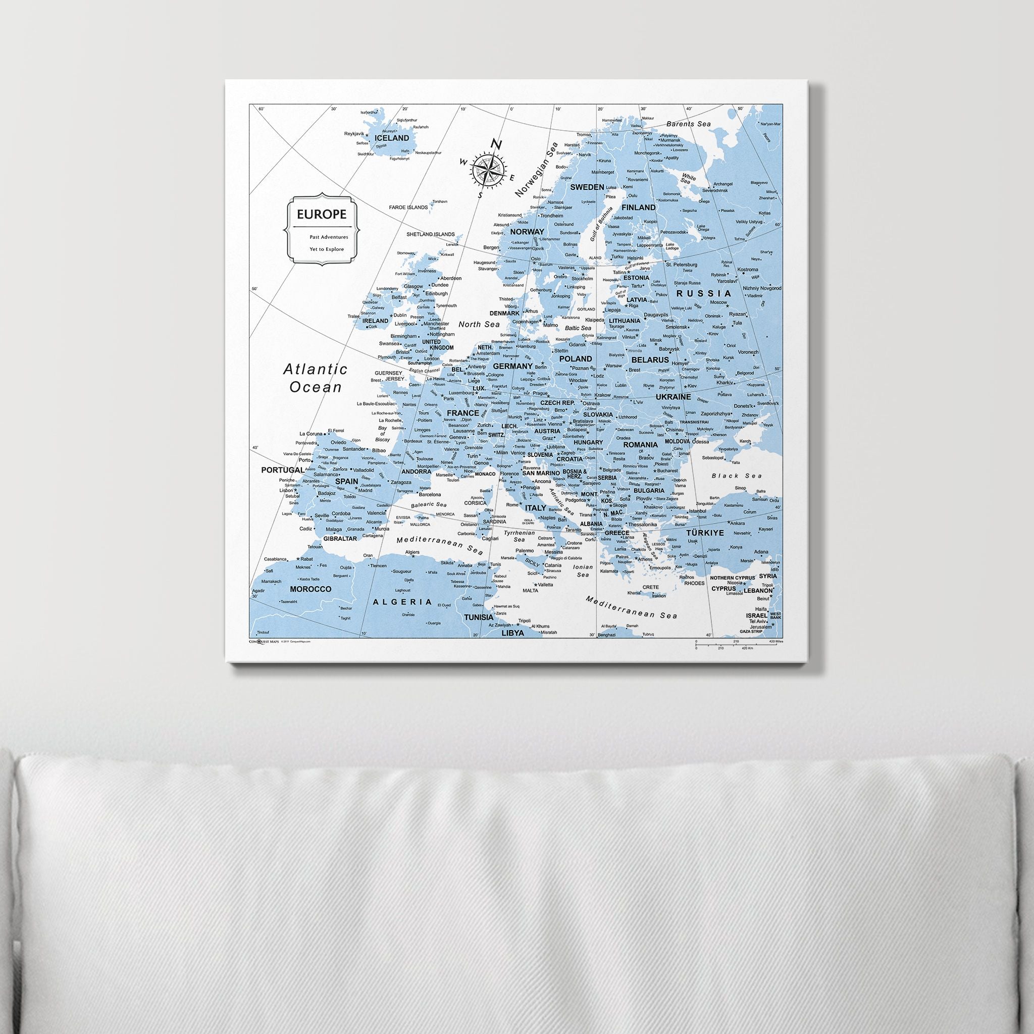 Push Pin Europe Map (Pin Board) - Light Blue Color Splash CM Pin Board