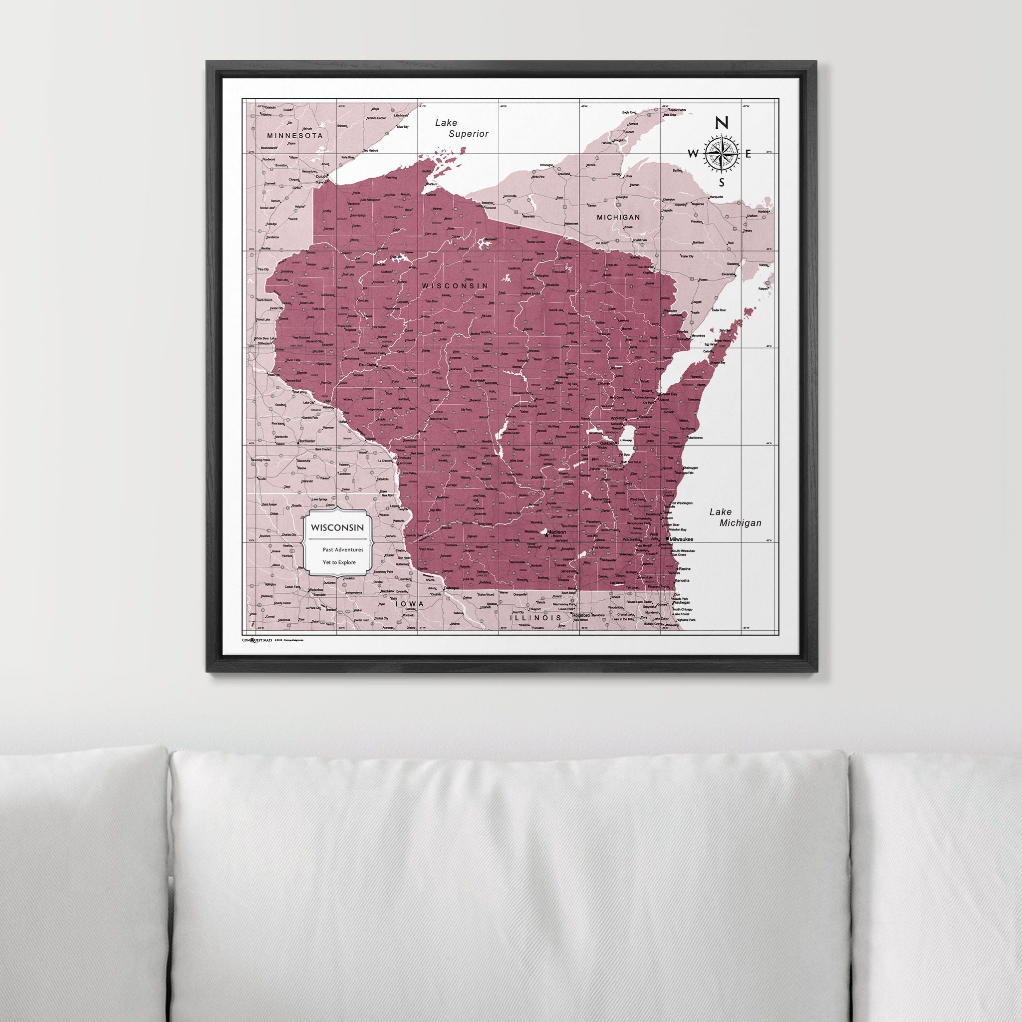 Push Pin Wisconsin Map (Pin Board) - Burgundy Color Splash CM Pin Board