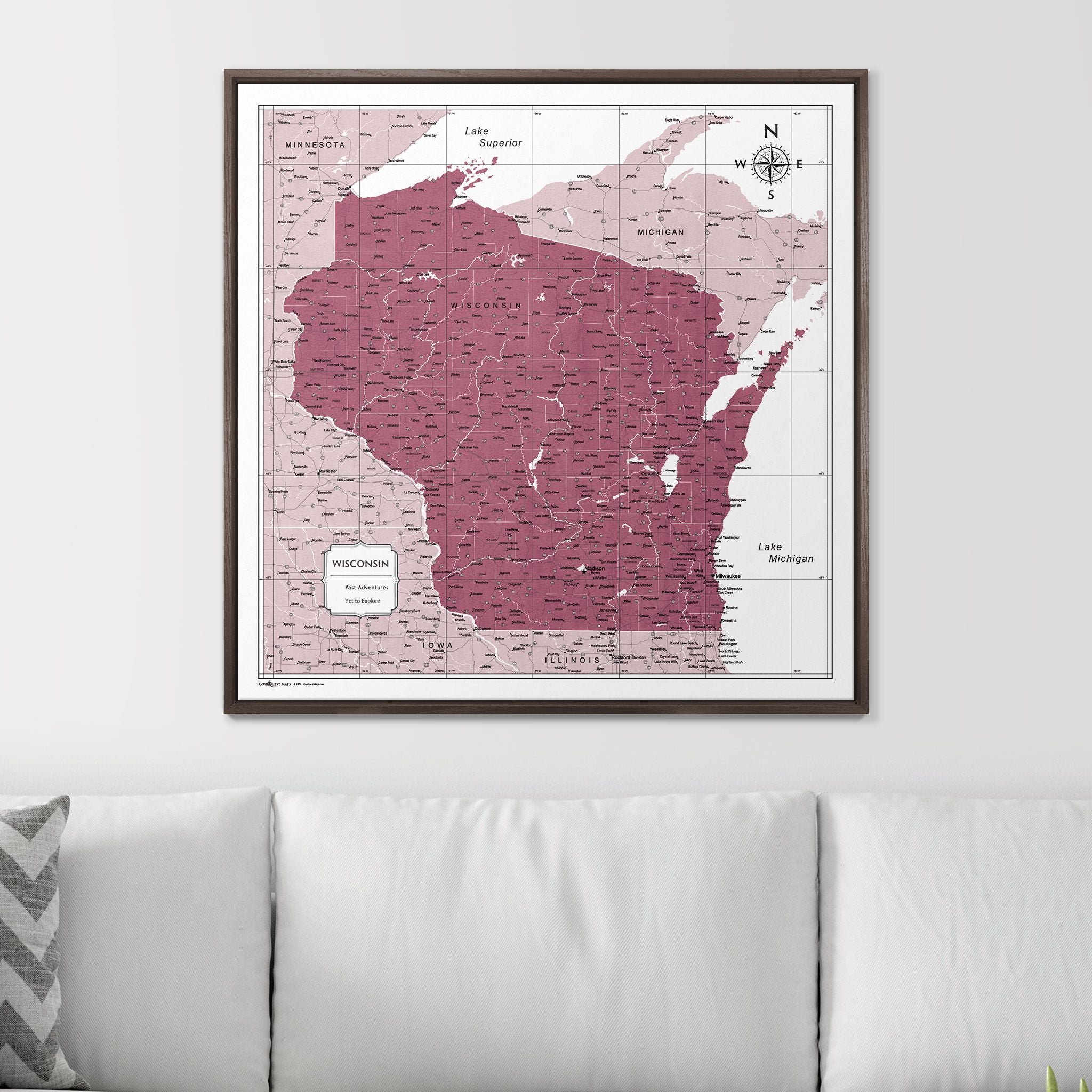 Push Pin Wisconsin Map (Pin Board) - Burgundy Color Splash CM Pin Board