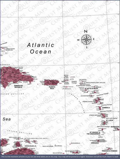 Push Pin Caribbean Map (Pin Board) - Burgundy Color Splash CM Pin Board