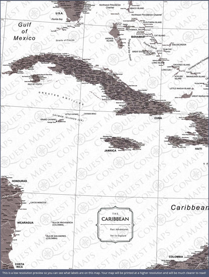 Push Pin Caribbean Map (Pin Board) - Dark Brown Color Splash CM Pin Board