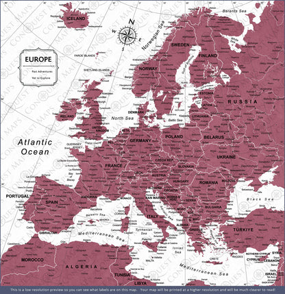 Europe Map Poster - Burgundy Color Splash CM Poster