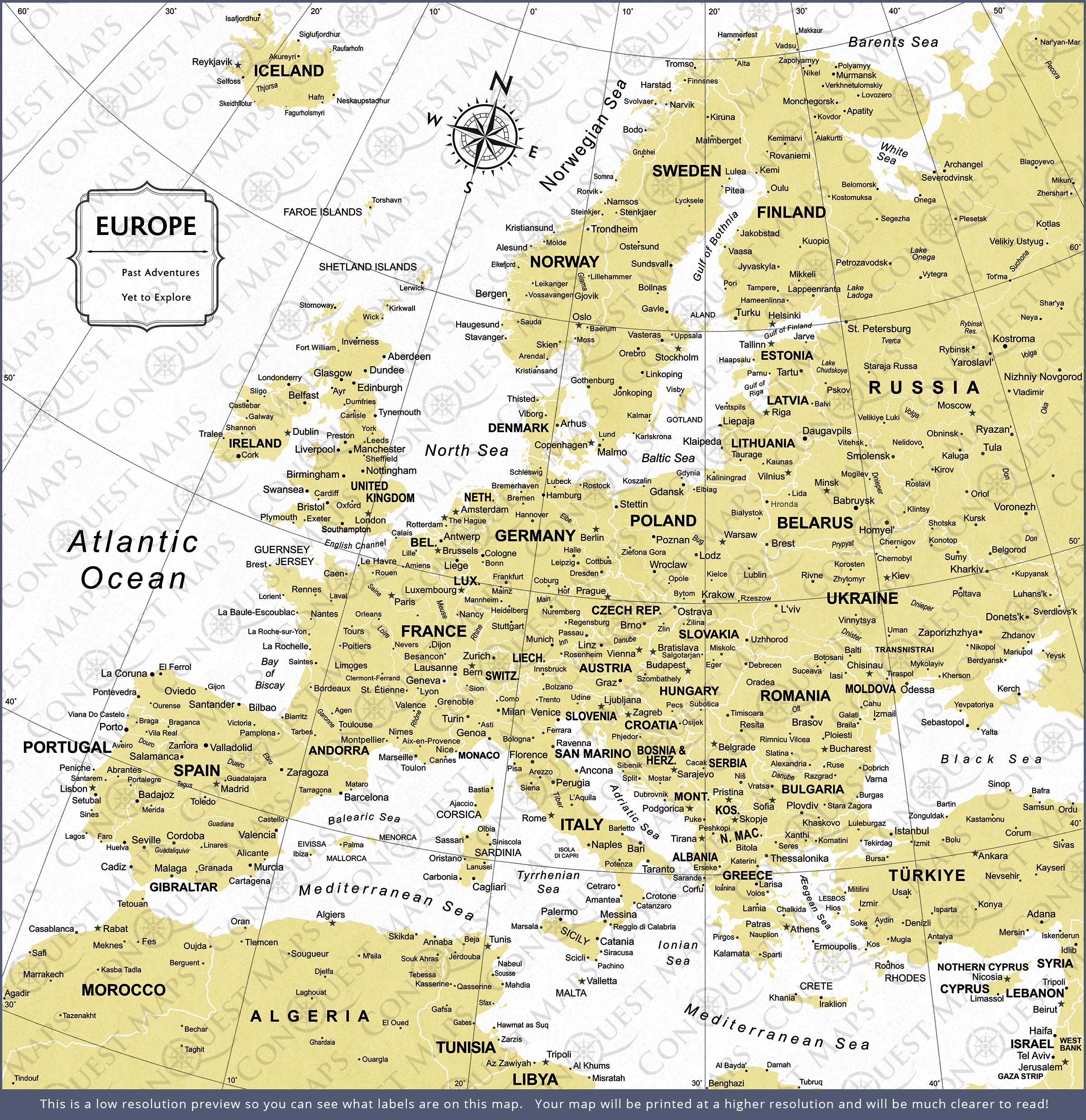 Europe Map Poster - Yellow Color Splash CM Poster