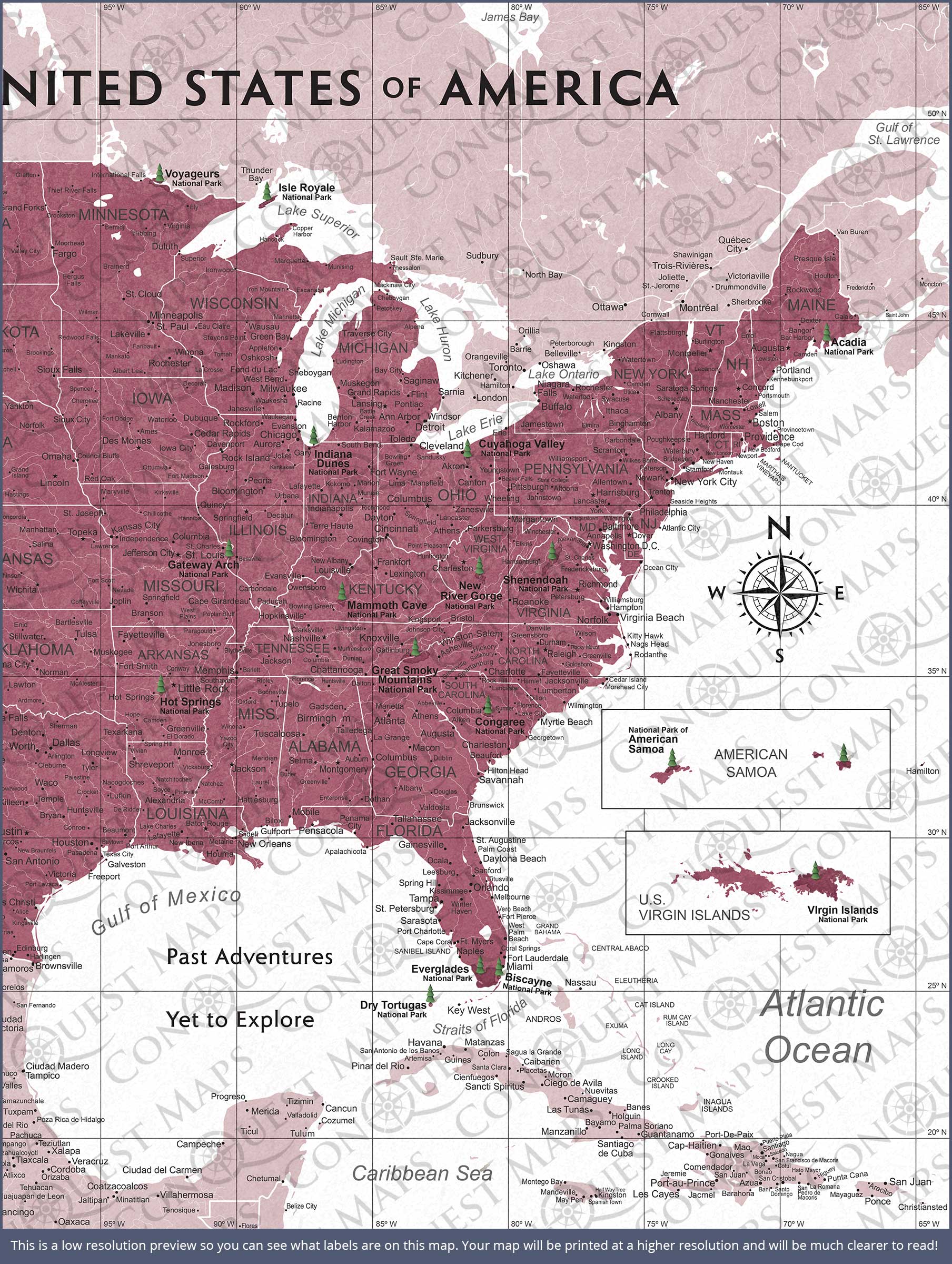 Push Pin National Parks Map (Pin Board) - Burgundy Color Splash CM Pin Board