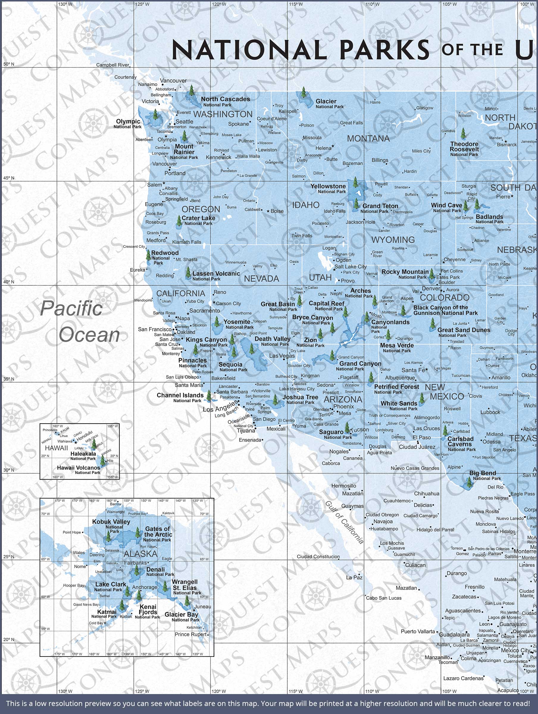 Push Pin National Parks Map (Pin Board) - Light Blue Color Splash CM Pin Board