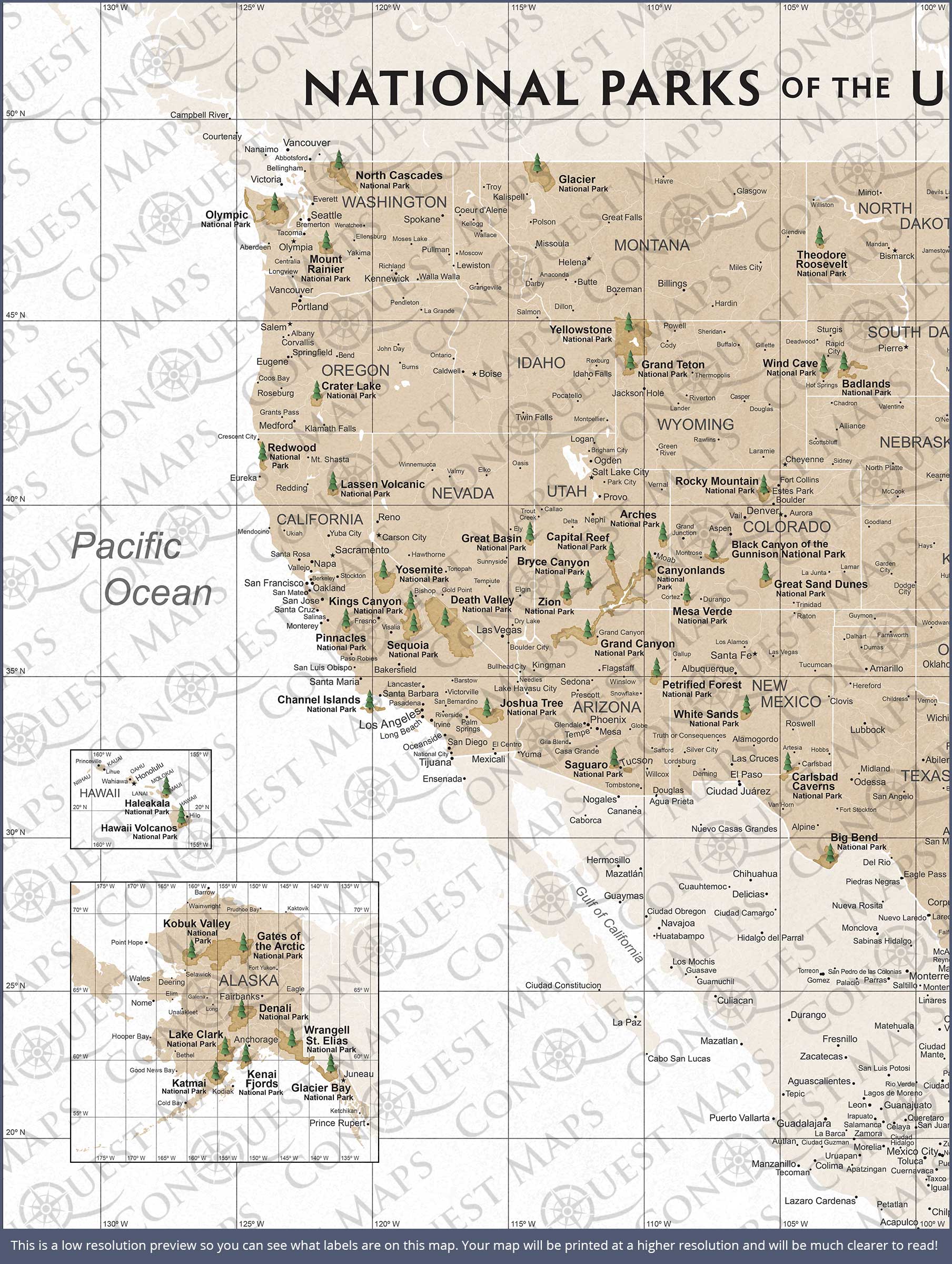 Push Pin National Parks Map (Pin Board) - Light Brown Color Splash CM Pin Board