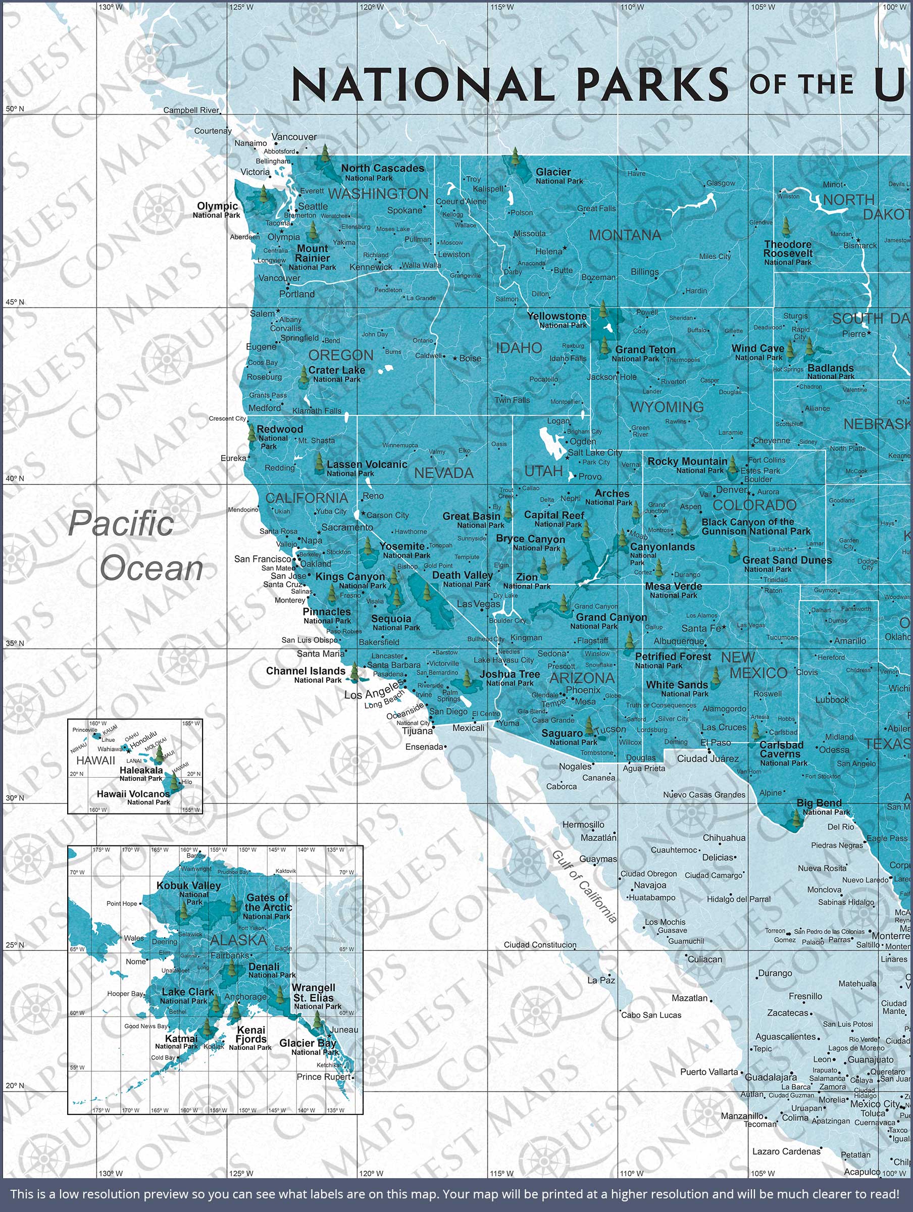 Push Pin National Parks Map (Pin Board) - Teal Color Splash CM Pin Board