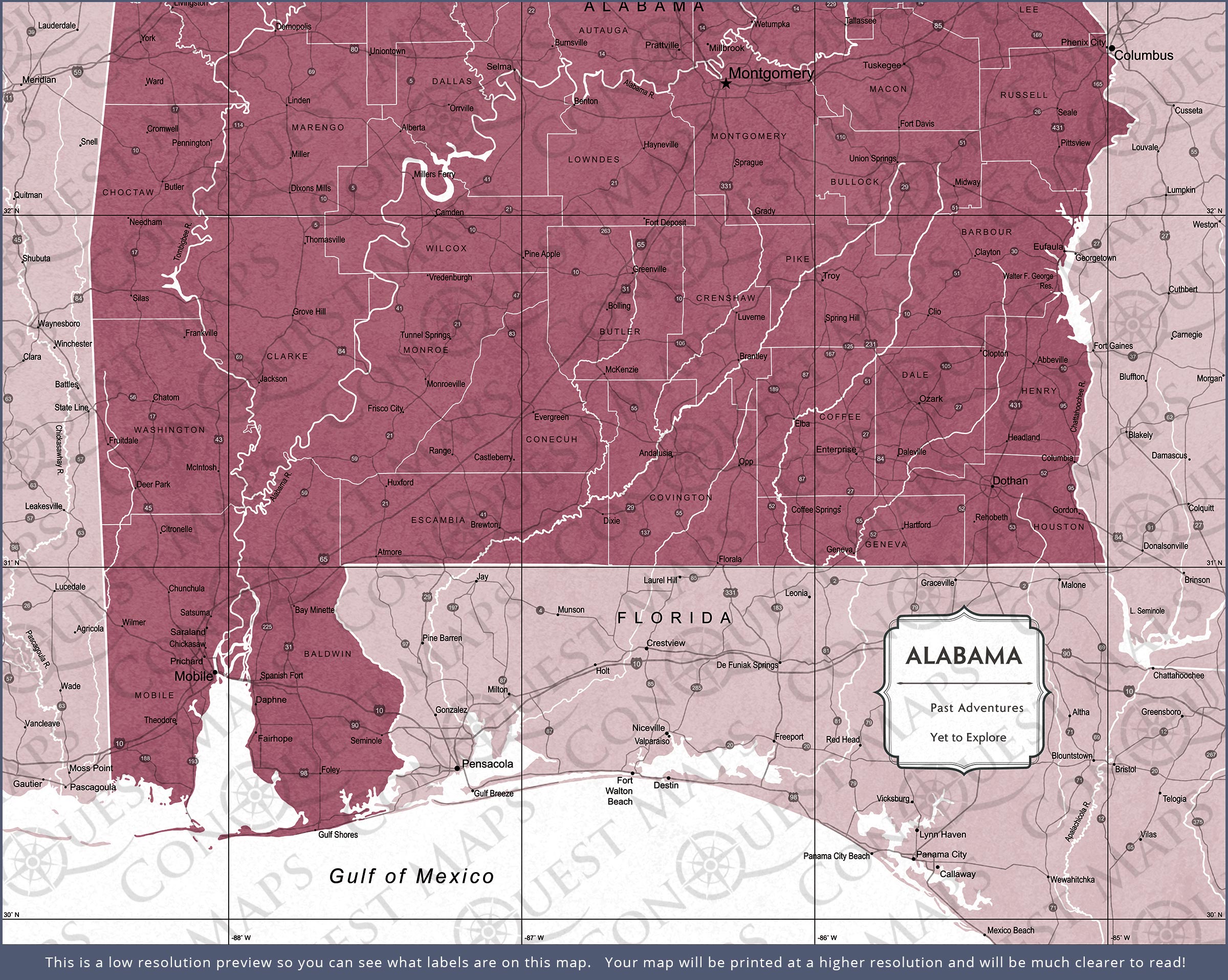 Alabama Map Poster - Burgundy Color Splash CM Poster