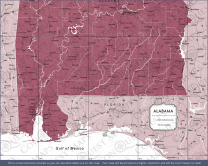 Push Pin Alabama Map (Pin Board) - Burgundy Color Splash CM Pin Board