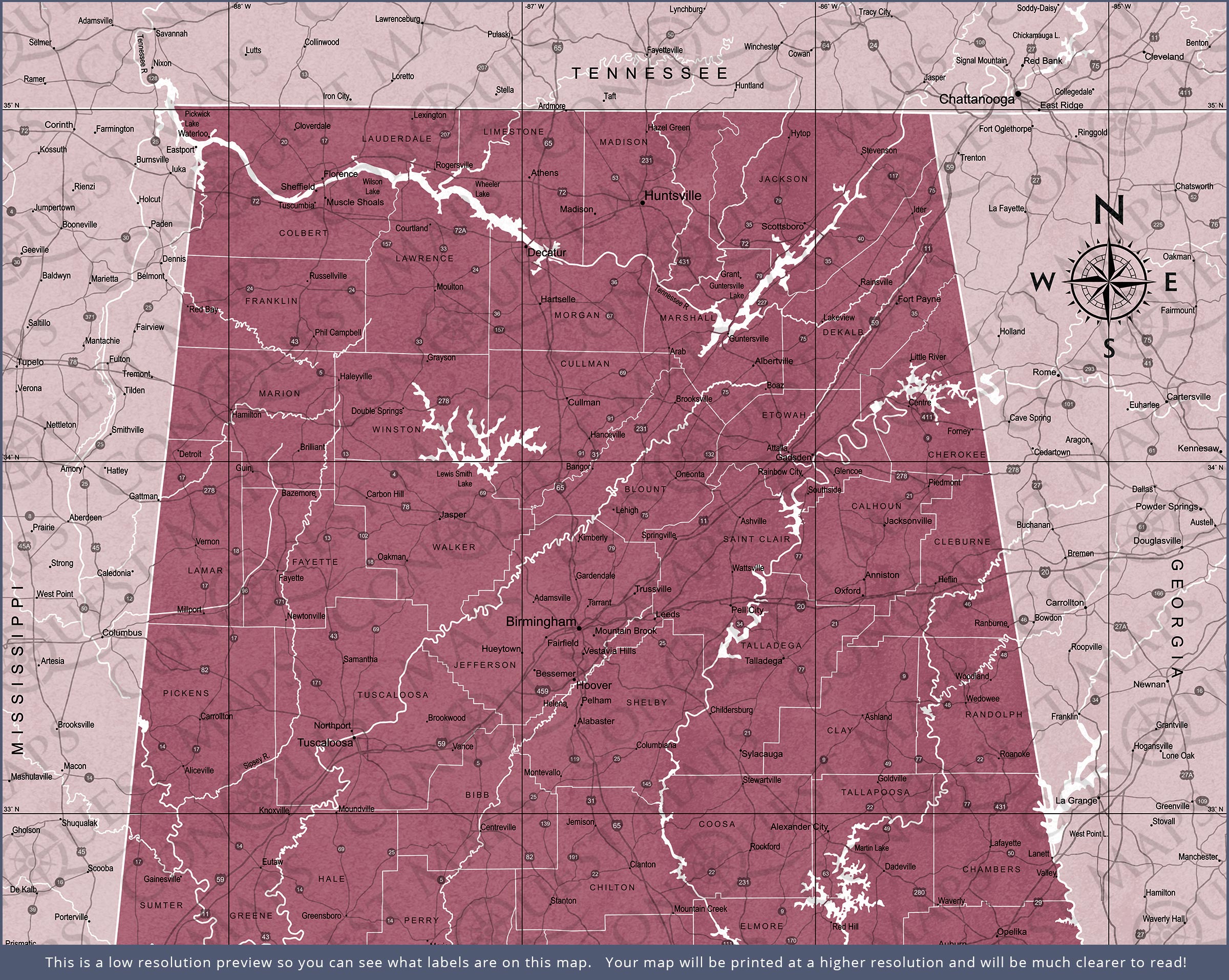 Alabama Map Poster - Burgundy Color Splash CM Poster