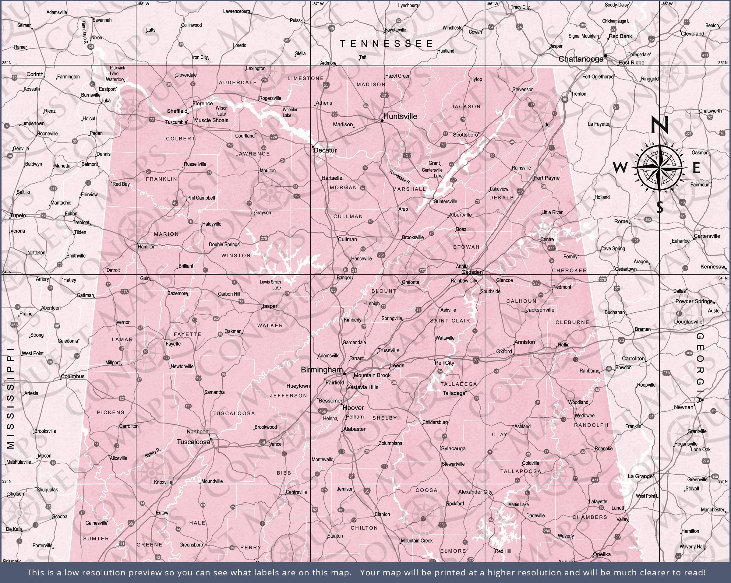 Push Pin Alabama Map (Pin Board) - Pink Color Splash CM Pin Board