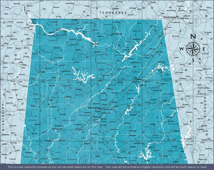 Alabama Map Poster - Teal Color Splash CM Poster