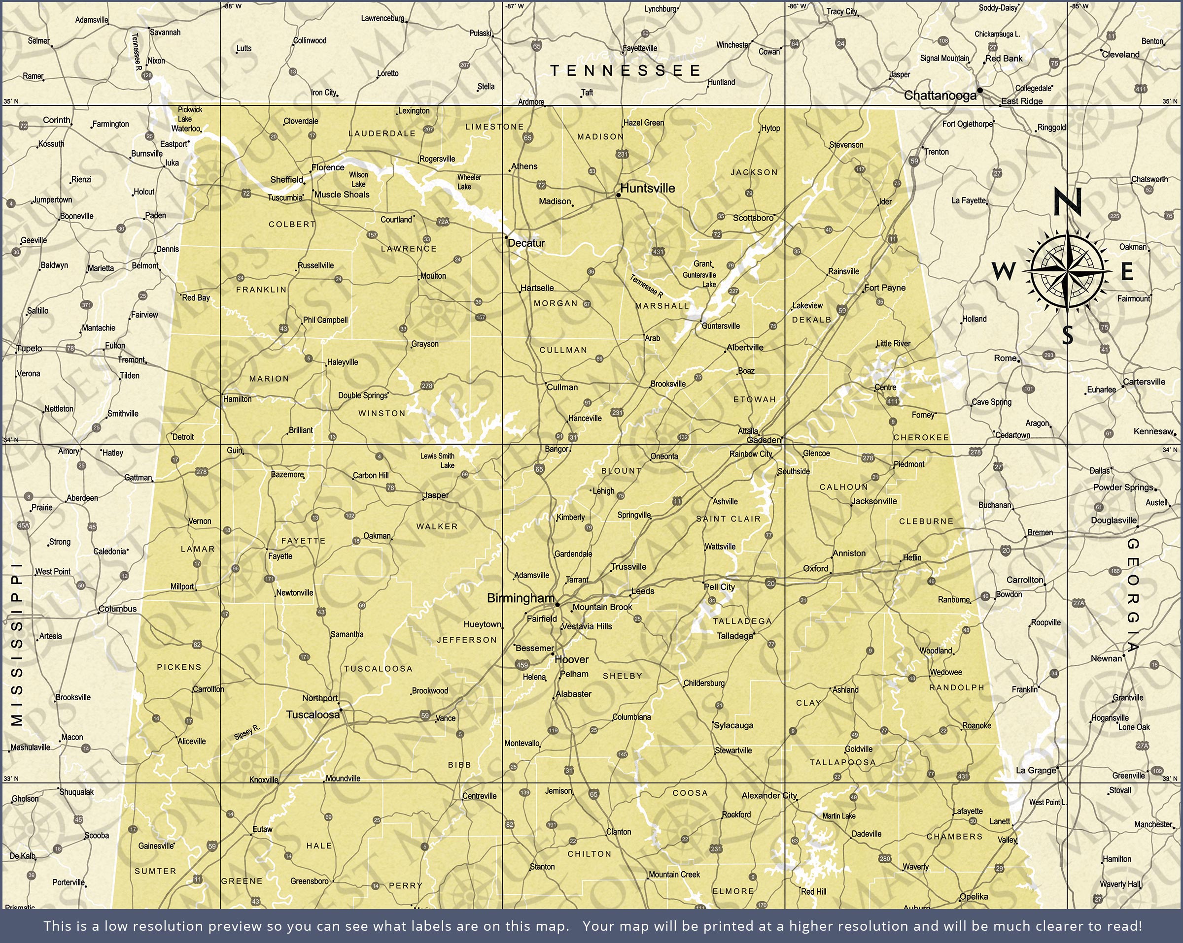 Alabama Map Poster - Yellow Color Splash CM Poster